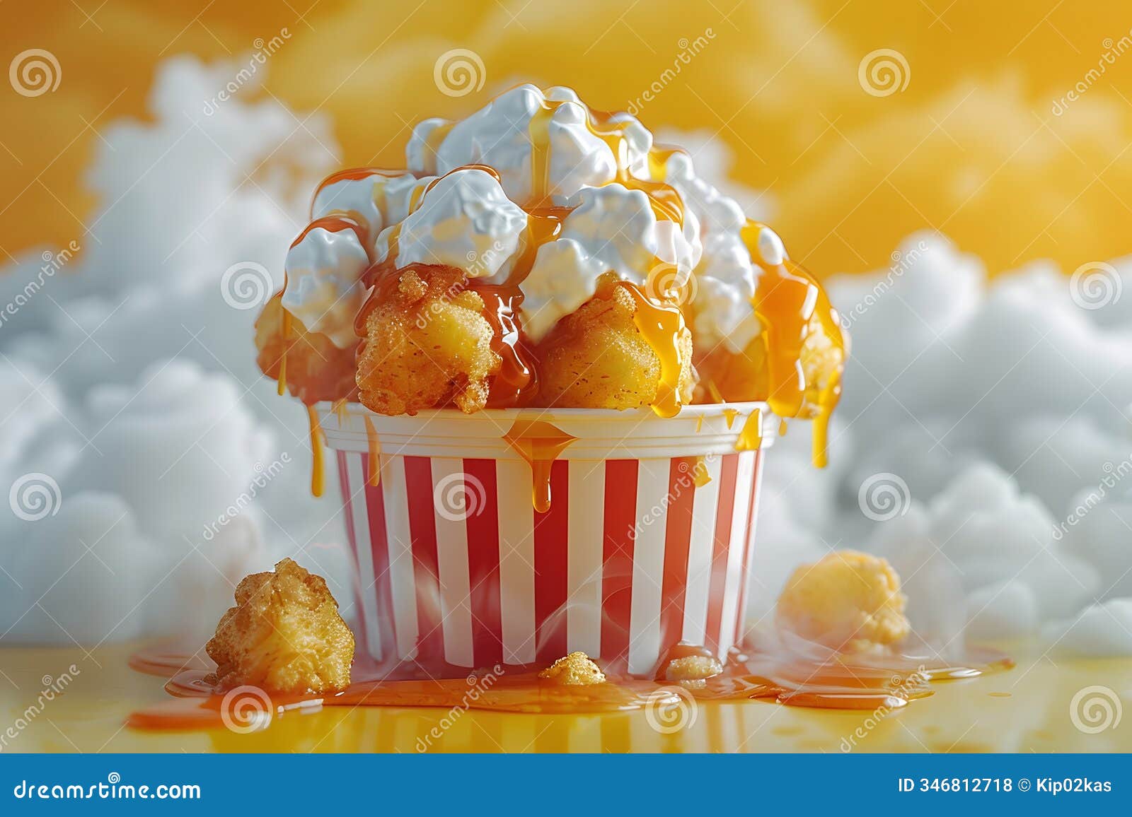popcorn delight with caramel drizzle against cloudy backdrop for culinary art and promotions generative ai