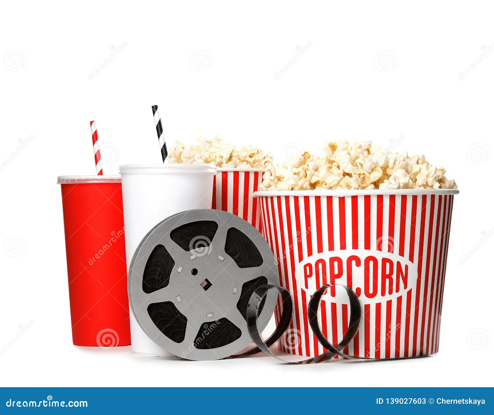 Popcorn, Drinks and Reel on White. Cinema Snack Stock Image Image of