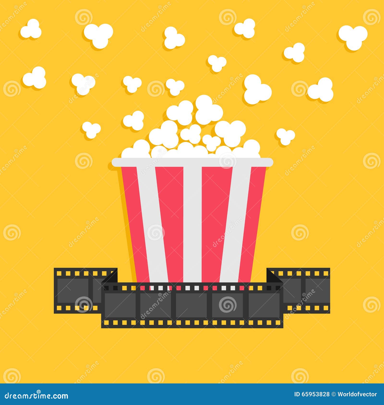 Popcorn Het lint van de filmstrook Rode gele doos De nachtpictogram van de bioskoopfilm in vlakke ontwerpstijl Vector illustratie