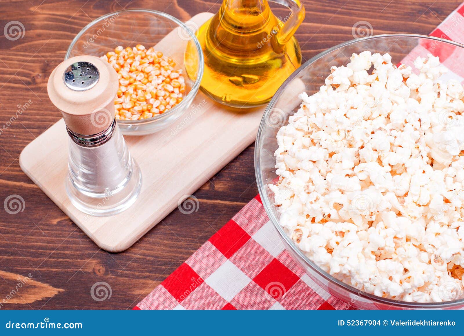 Popcorn and Ingredients for Cooking Popcorn Top View Stock Photo