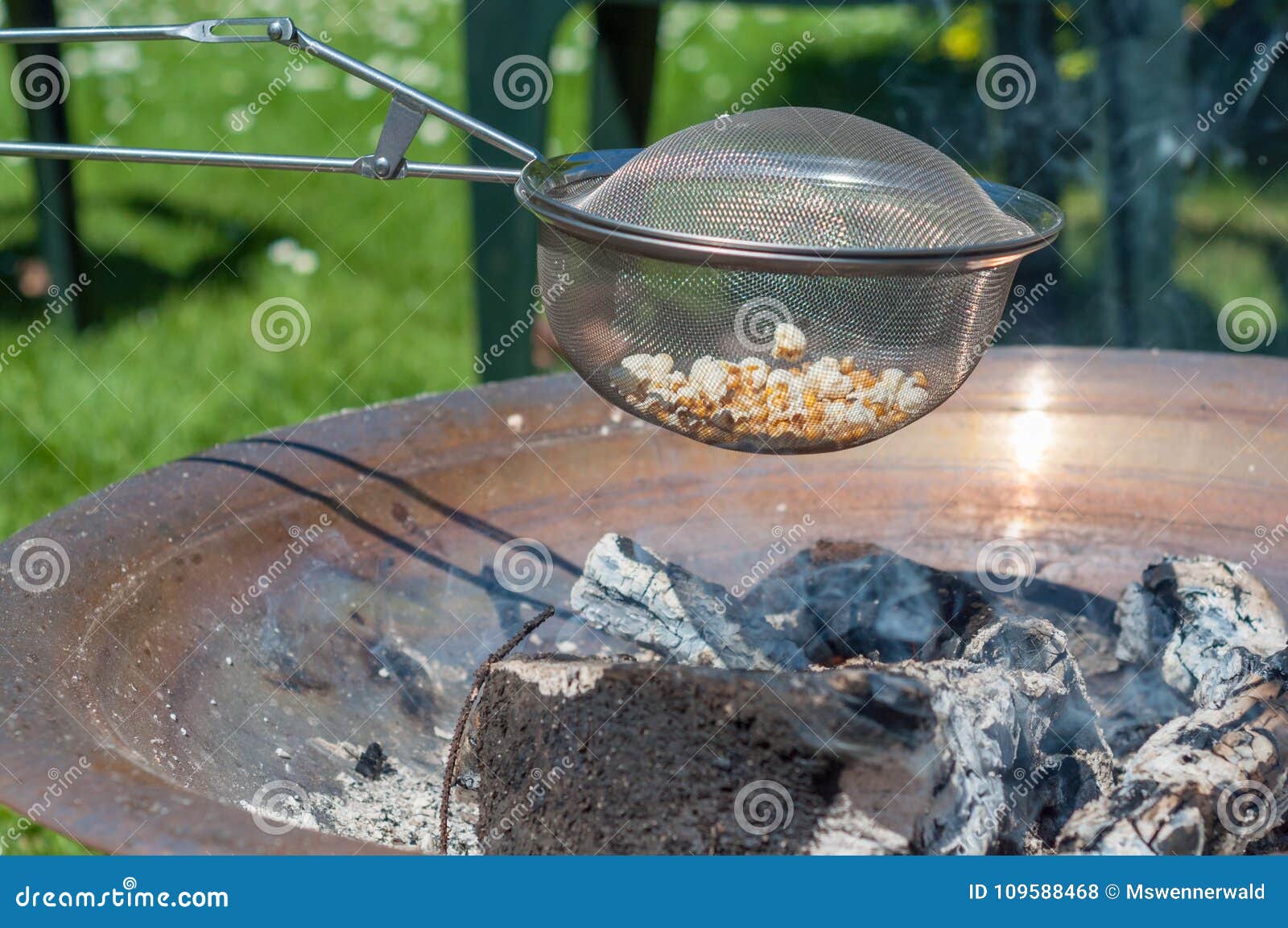 Popcorn Over Open Fire on a Warm Day Stock Photo Image of grill, lawn
