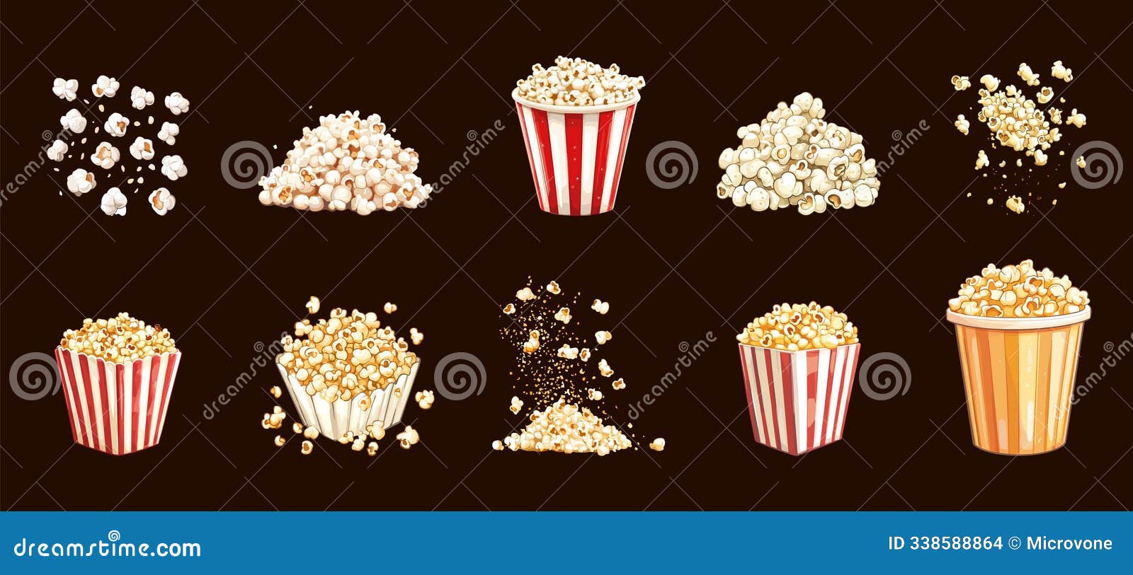 popcorn set. seeds of popcorn big and small size paper striped bucket a pile of popcorn. side and top view. not healthy