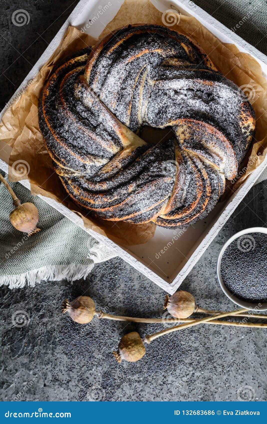 Poppy Seed Braid Bread Studded with Powdered Sugar Stock Photo Image