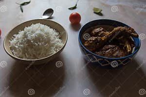 Popular Bengali Lunch Menu White Rice And Chicken Masala Stock Image Popular Bengali Lunch Menu White Rice And Chicken Masala Stock Image