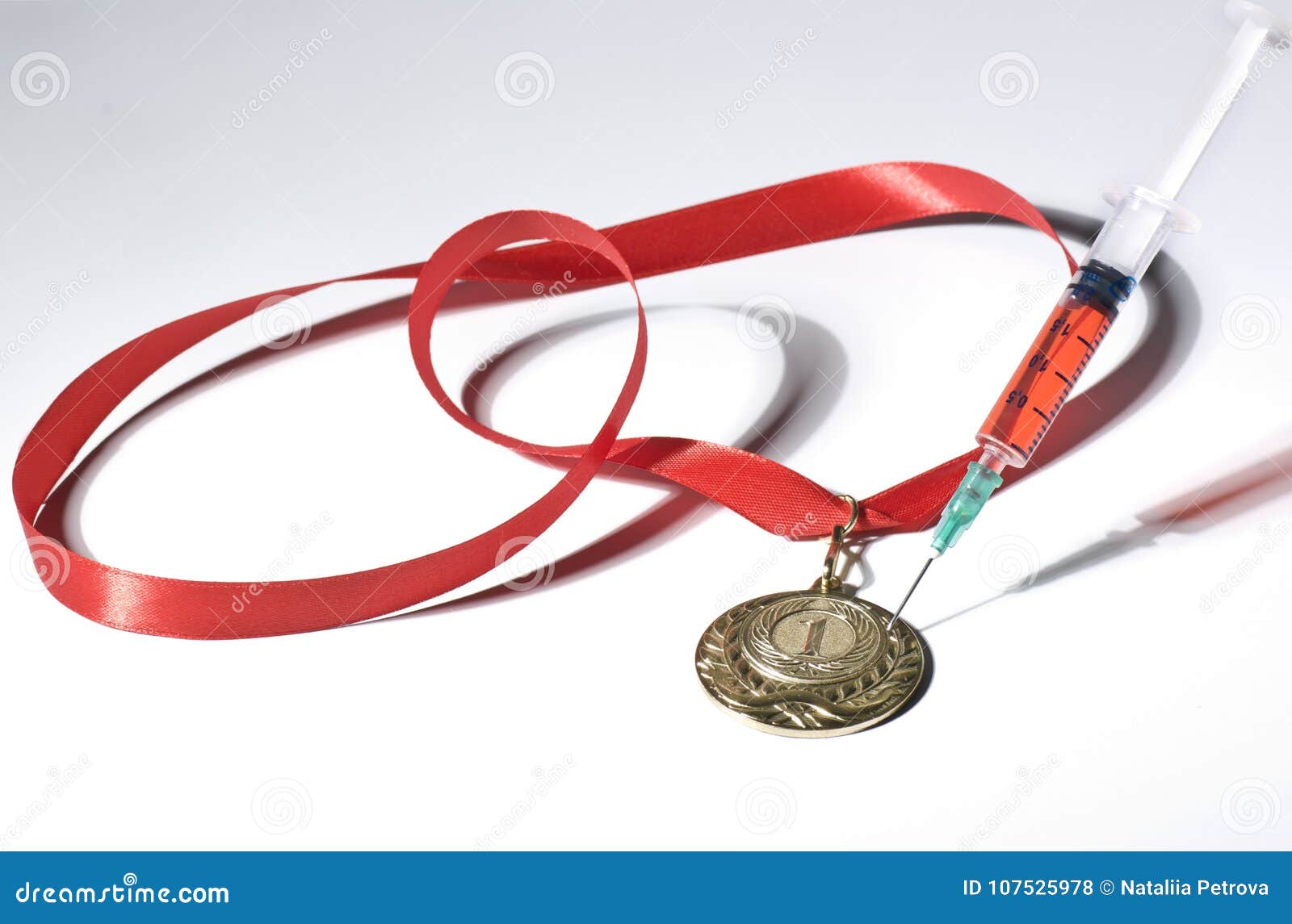 Popular Red Steroid in Syringe As a Doping Stabs a Gold Medal on a White Background Stock Photo