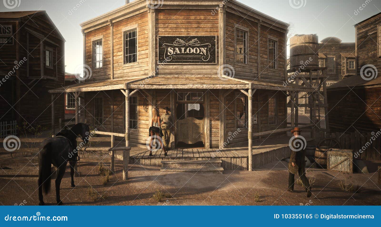 populated western town saloon with various businesses .