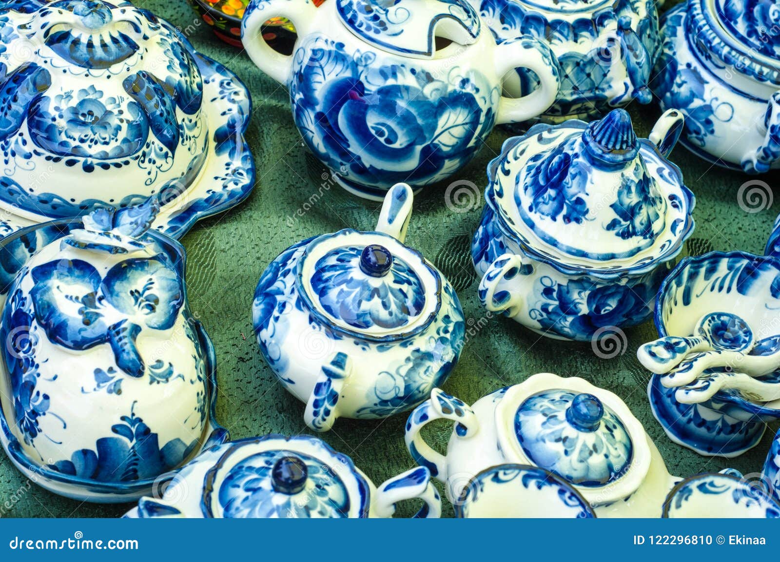 Porcelain Tea Set, Ceramic. Painted Blue Paints, Russian Folk Ar Stock Photo - Image of folk