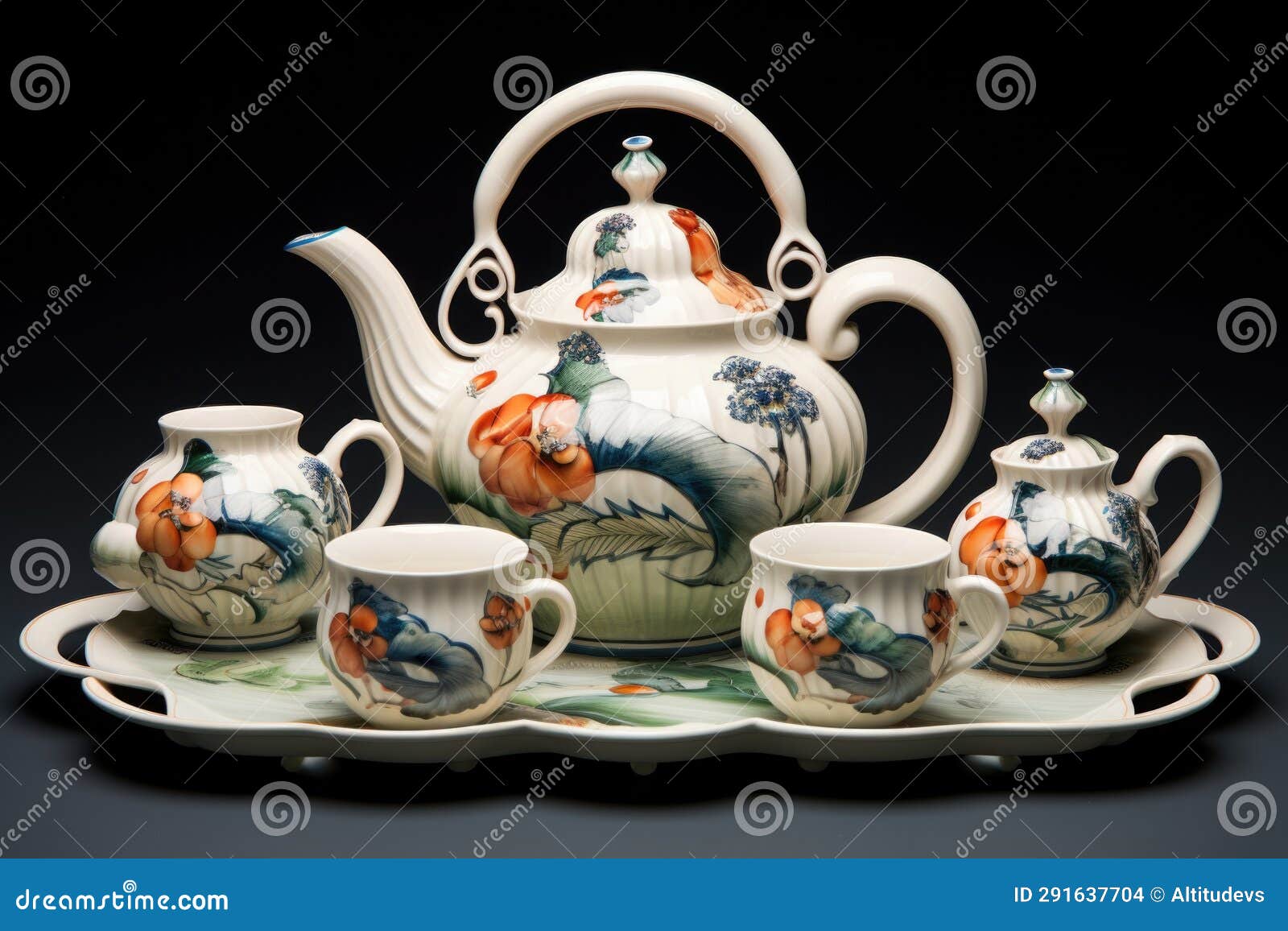 Porcelain Tea Set with Teapot and Teacups on a Tray Stock Photo Image