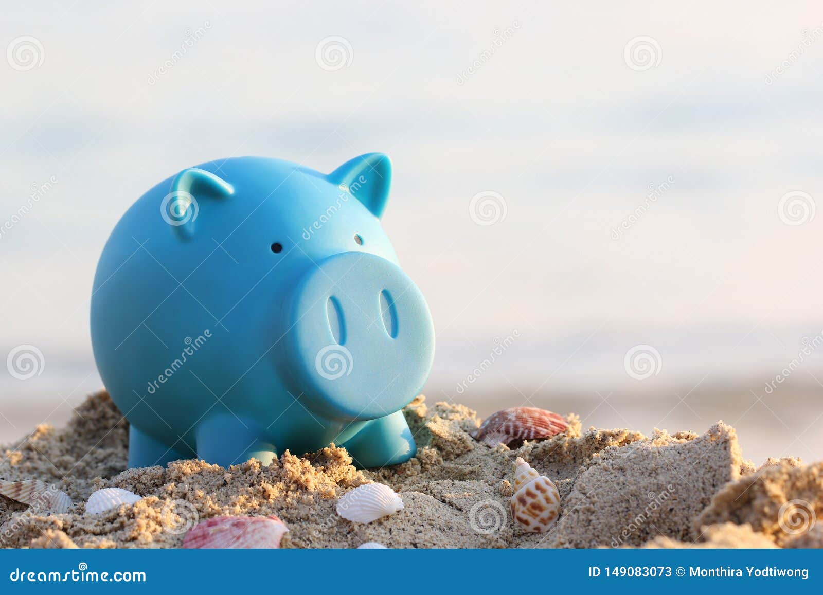 Porcellino Salvadanaio Blu Sulla Spiaggia Del Mare, Pianificazione