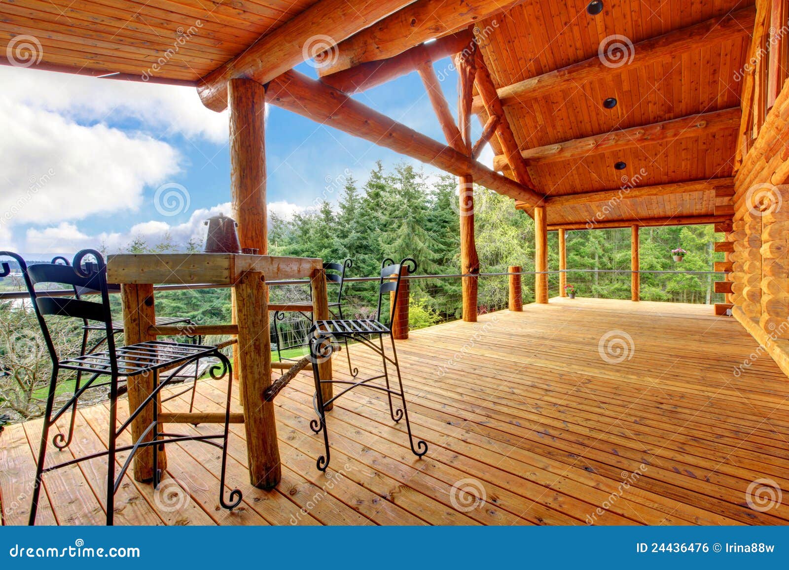 Porch of the Log Cabin with Small Table. Stock Photo Image of deck