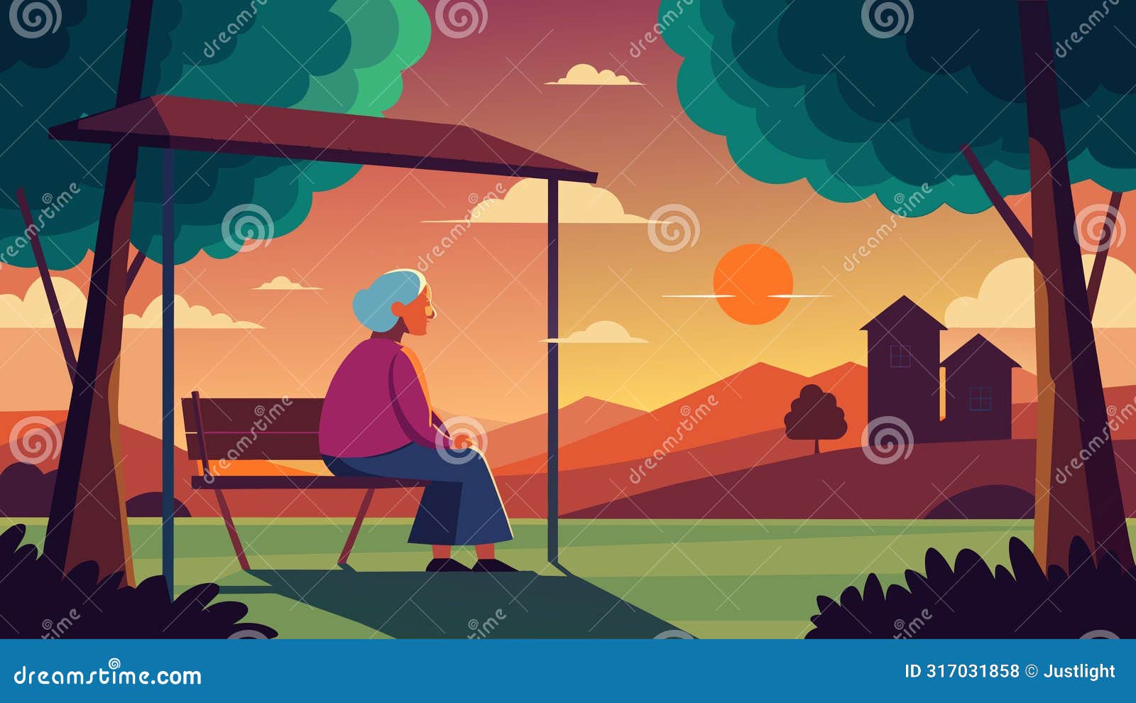 from a porch swing on a small town street an elderly resident watches the sunset and thinks back on a life lived with