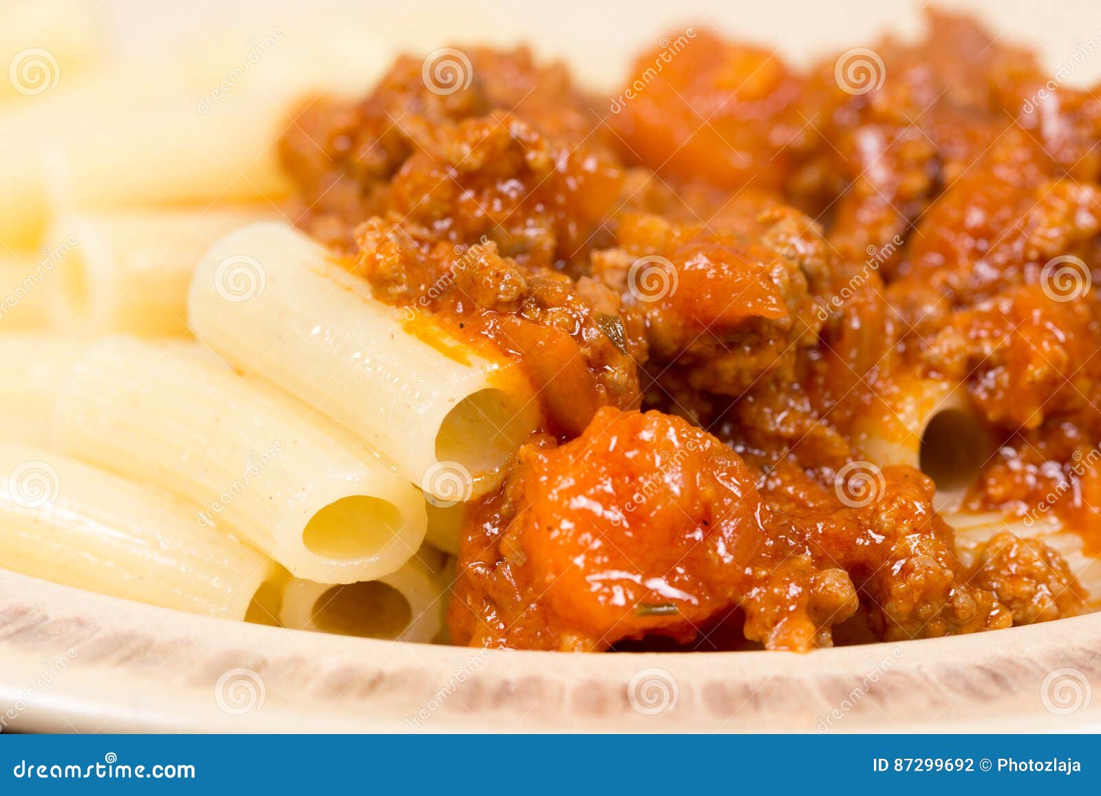 Pork and Beef Minced Meat with Tomato Sauce and Macaroni Stock Photo