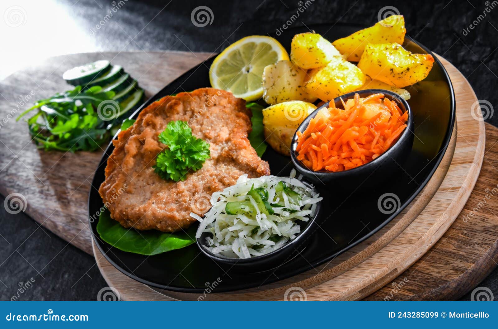 Pork Cutlet Coated with Breadcrumbs with Potatoes and Salads Stock Image Image of food, salad