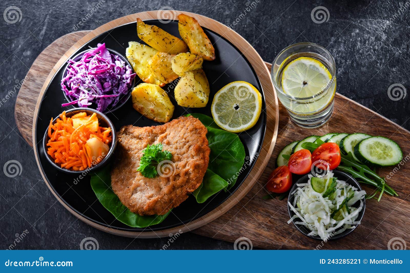 Pork Cutlet Coated with Breadcrumbs with Potatoes and Salads Stock Image Image of cabbage