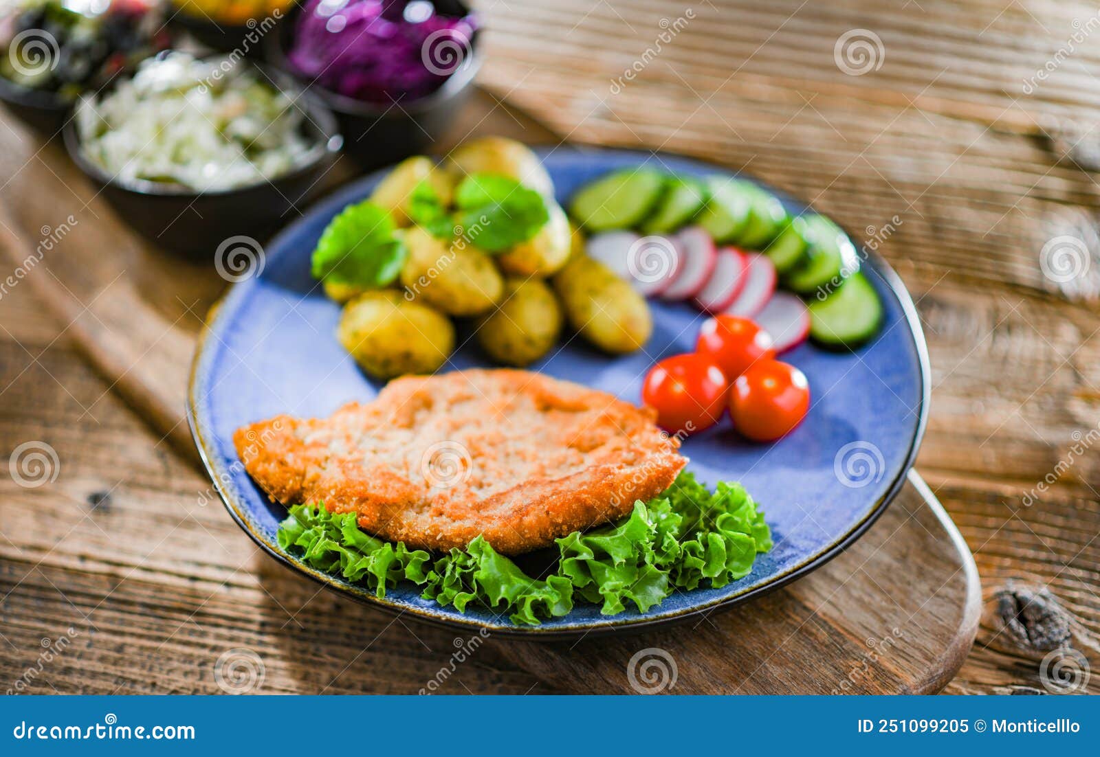 Pork Cutlet Coated with Breadcrumbs with Potatoes and Salads Stock Image Image of potatoes
