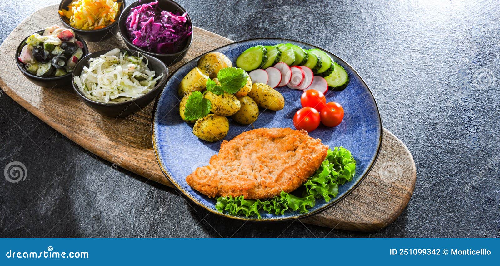 Pork Cutlet Coated with Breadcrumbs with Potatoes and Salads Stock Photo Image of dinner
