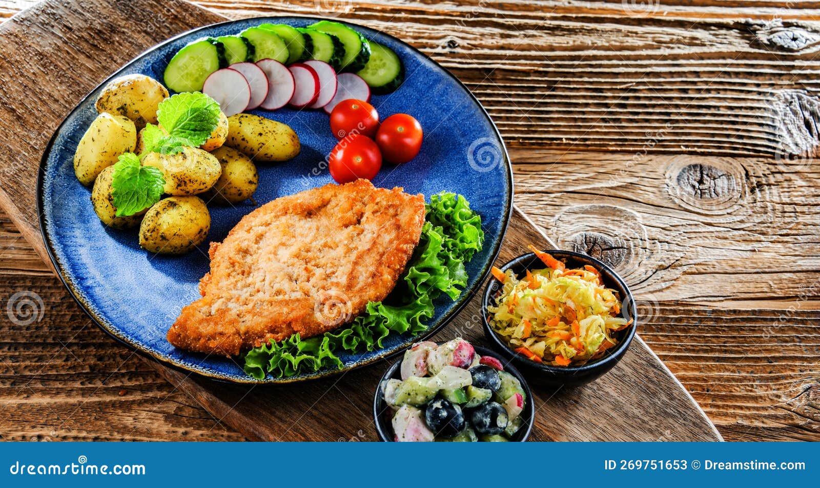 Pork Cutlet Coated with Breadcrumbs with Potatoes and Salads Stock Image Image of cotoletta