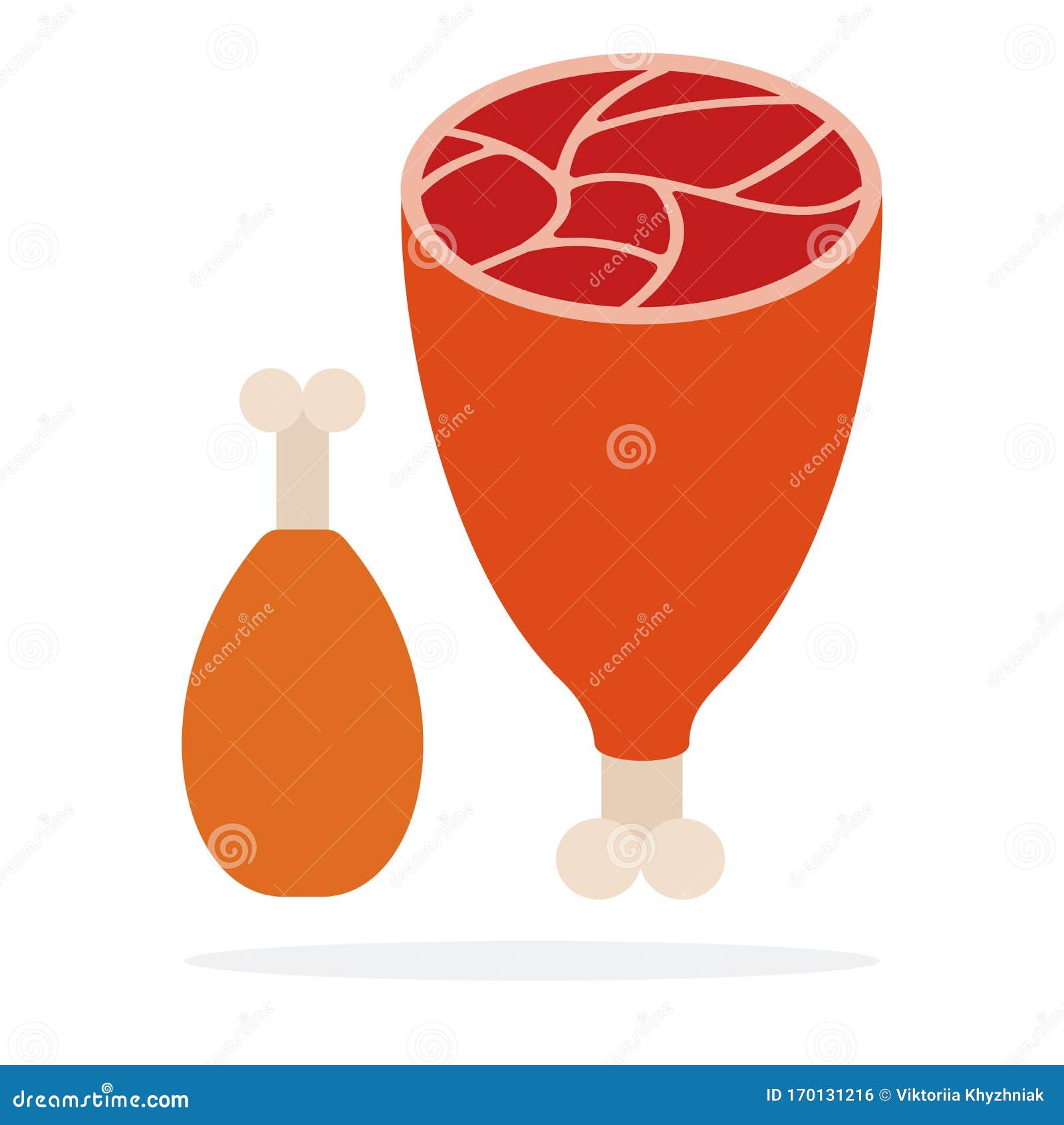 Pork Ham on the Bone and Chicken Leg Flat Isolated Stock Vector