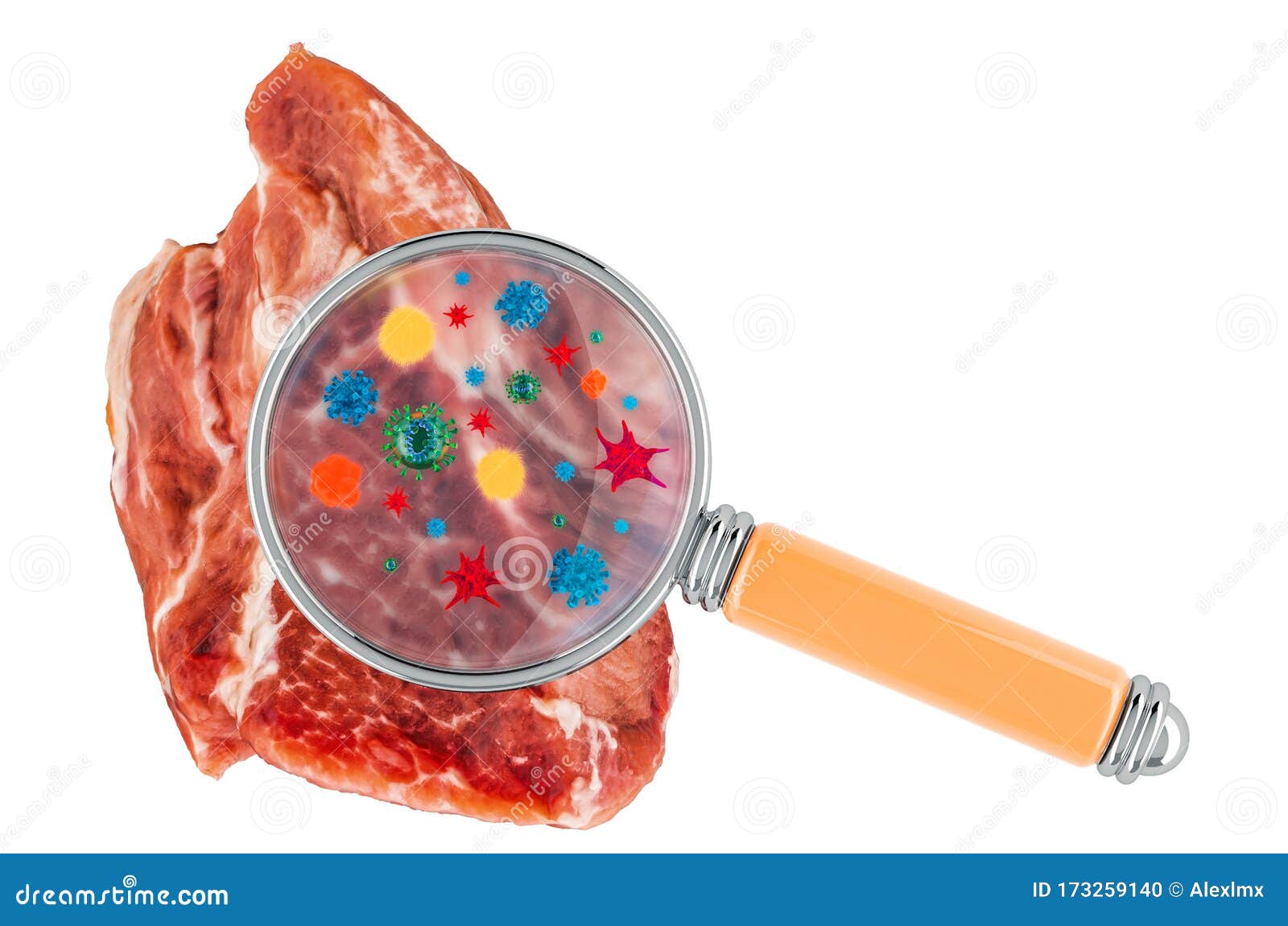 Pork Meat with Germs, Microbes or Viruses Under Magnifying Glass, 3D