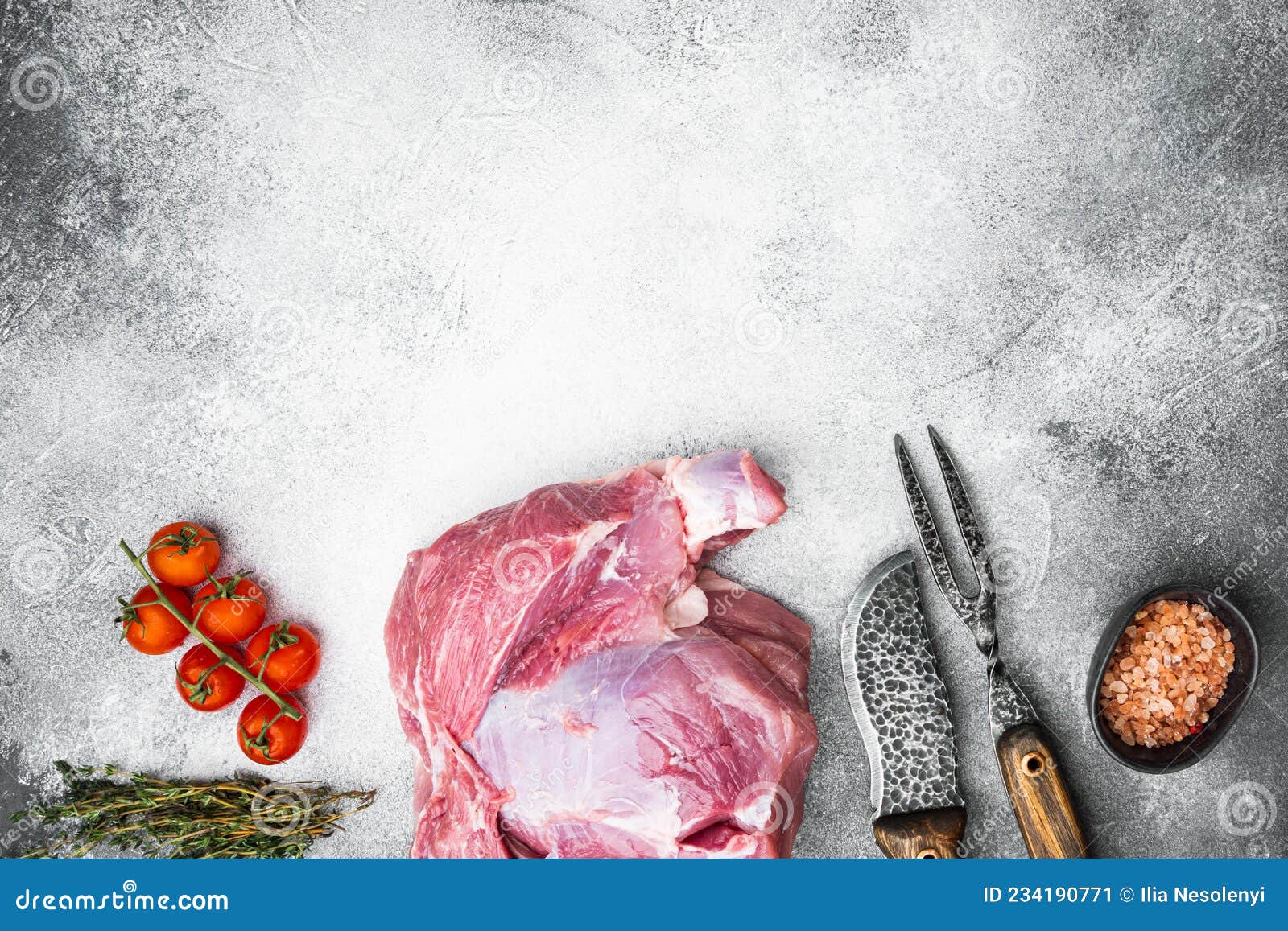 pork meat ingredients, on gray stone table background, top view flat lay, with copy space for text