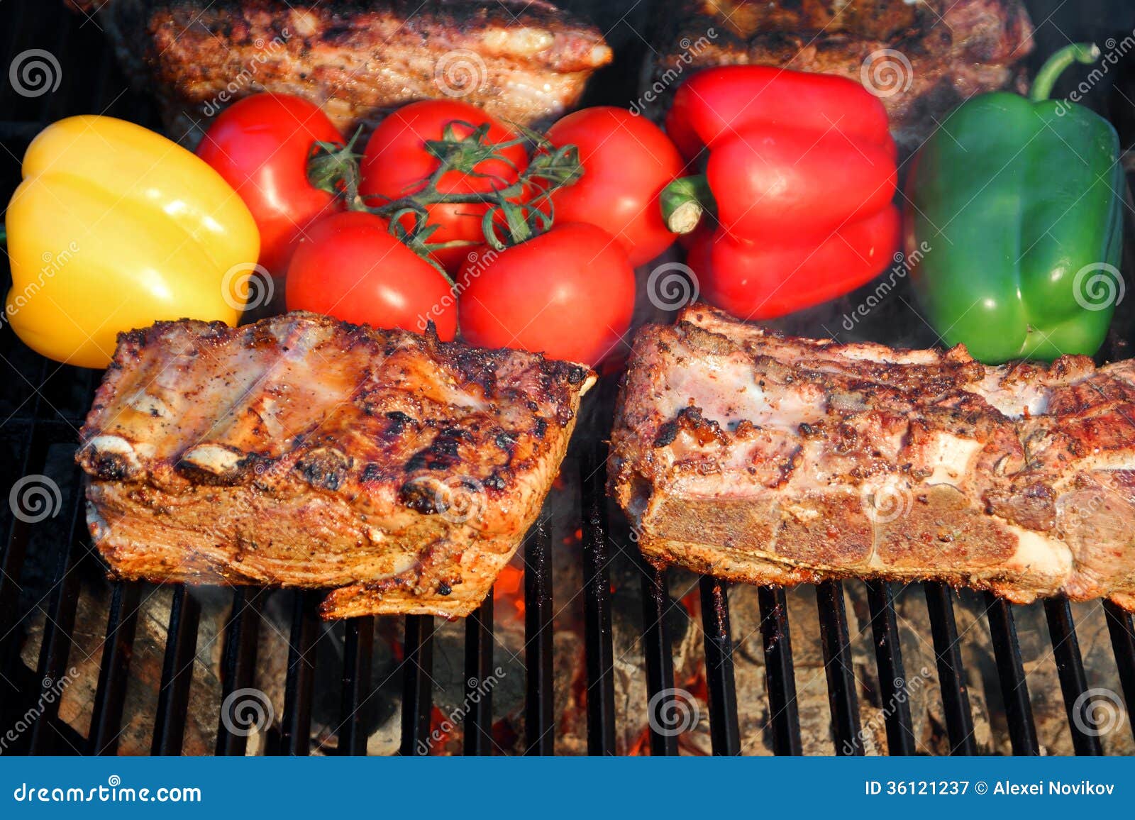 Pork Ribs, Brisket, Belly Roasted in BBQ with Vegetables Stock Image