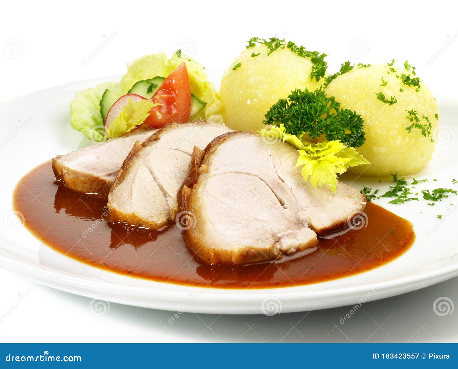 Pork Roast with Potato Dumpling and Salad Stock Image Image of