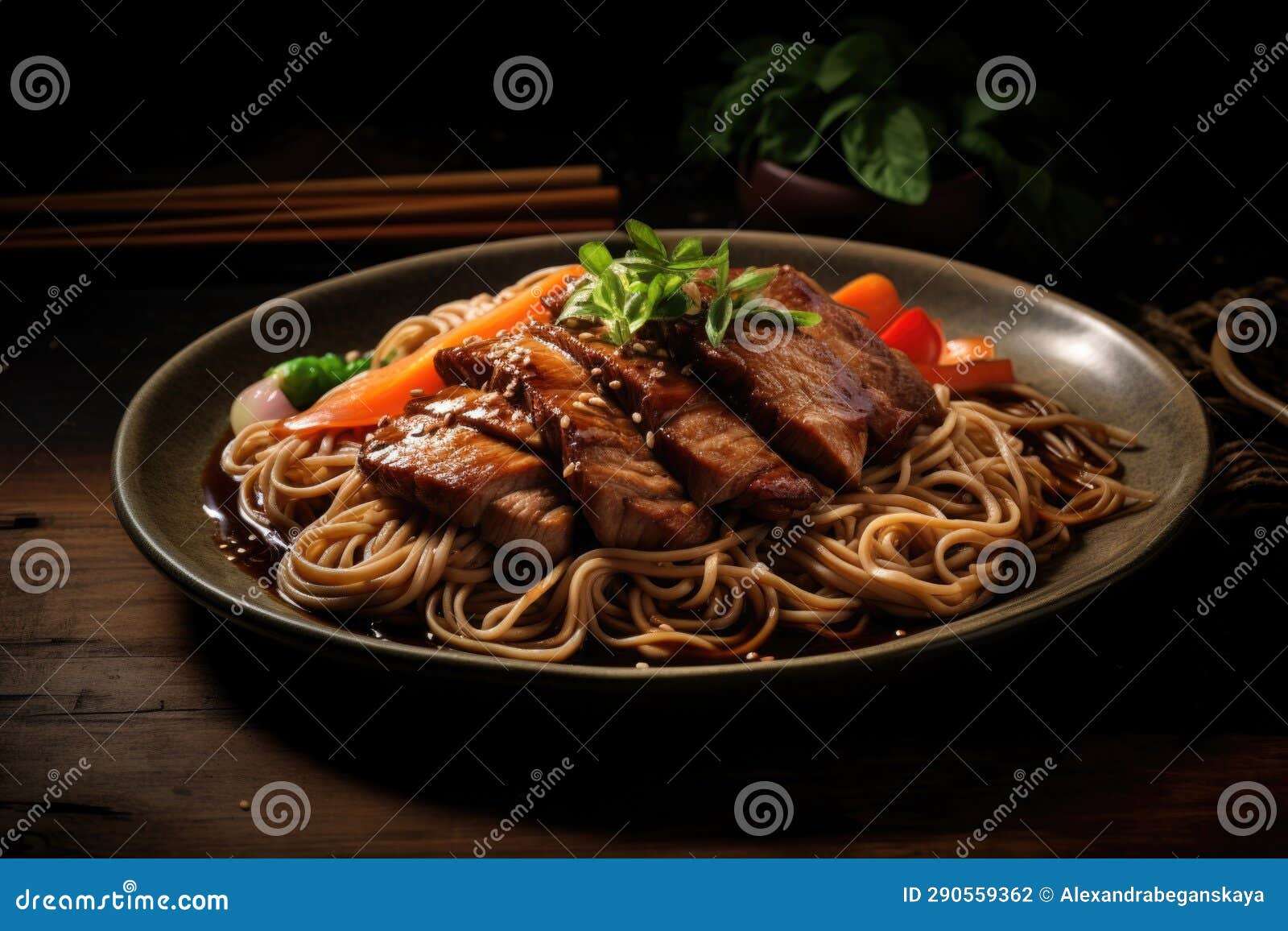 Pork with soba noodles stock illustration. Illustration of lunch