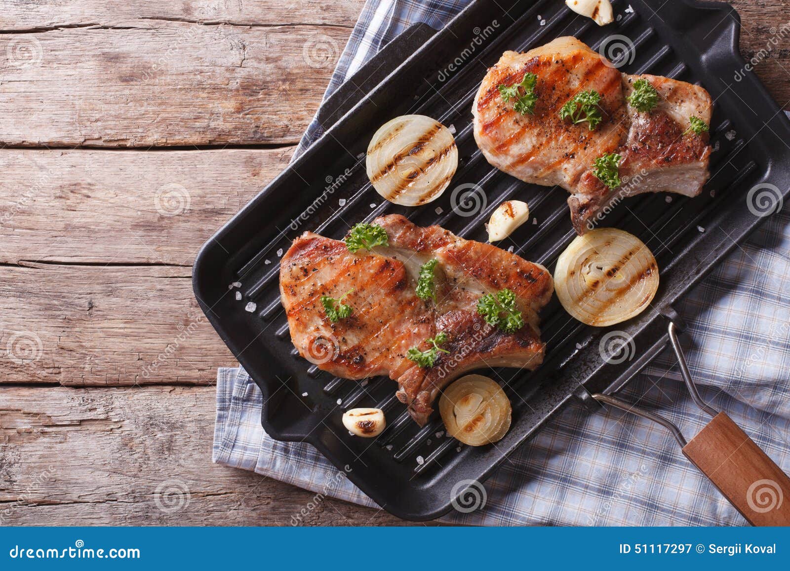 Pork Steak with Onion in a Pan Grill, Top View Horizontal Stock Image