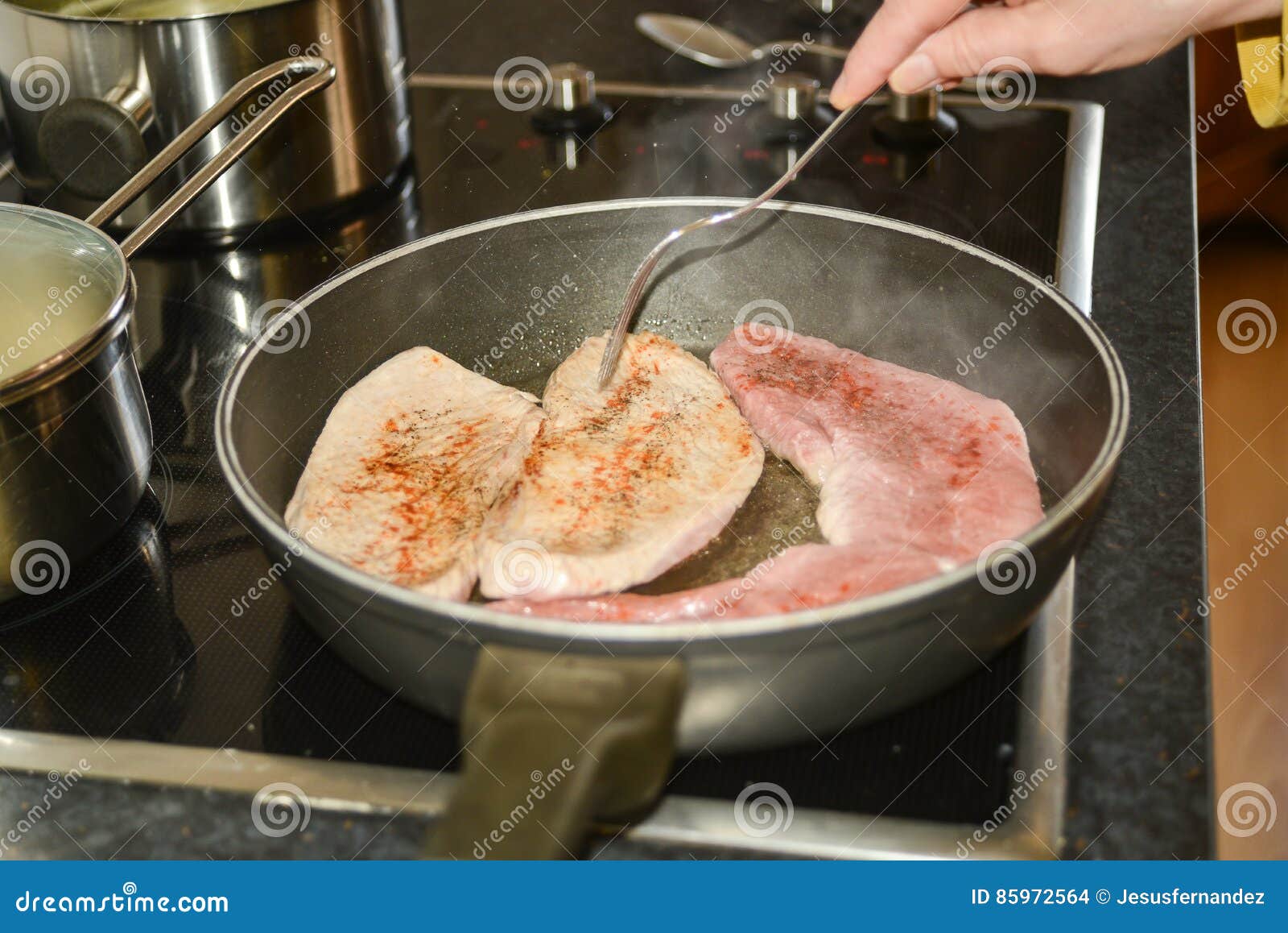 Pork Steaks on a Frying Pan Stock Photo Image of electricity, heat