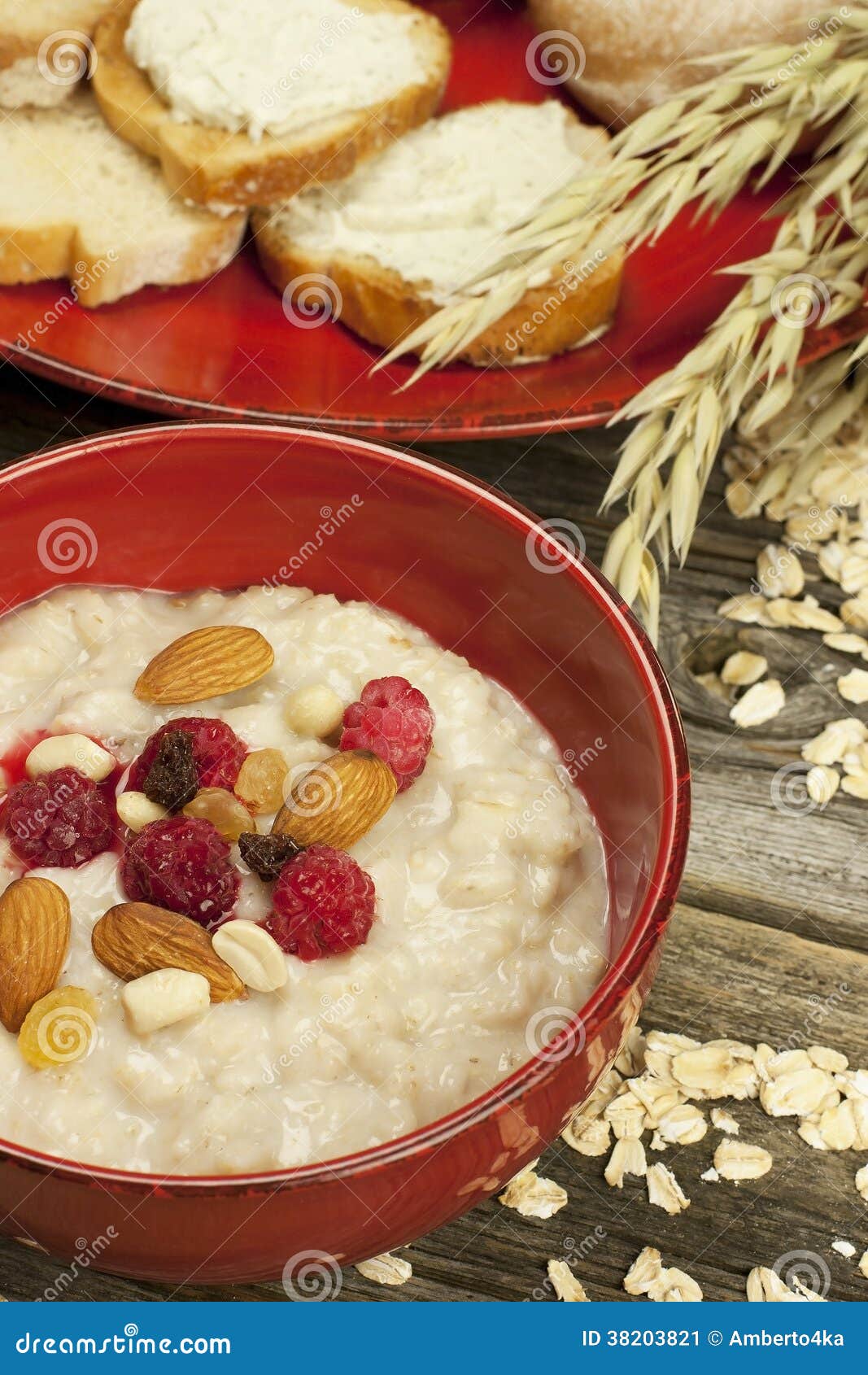 Porridge with Fresh Raspberry and Almonds Nuts Stock Image Image of