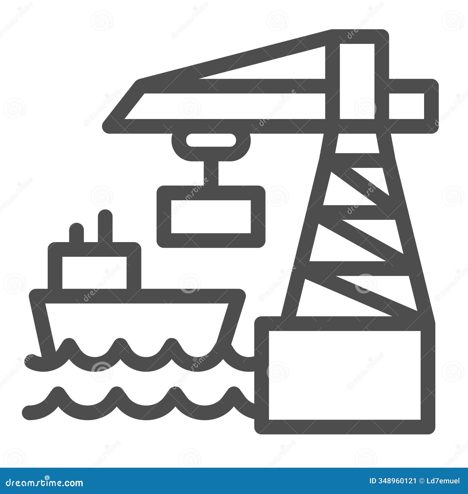 port crane with container and ship line icon, marine port concept.  graphics. cargo shipping, world sea delivery
