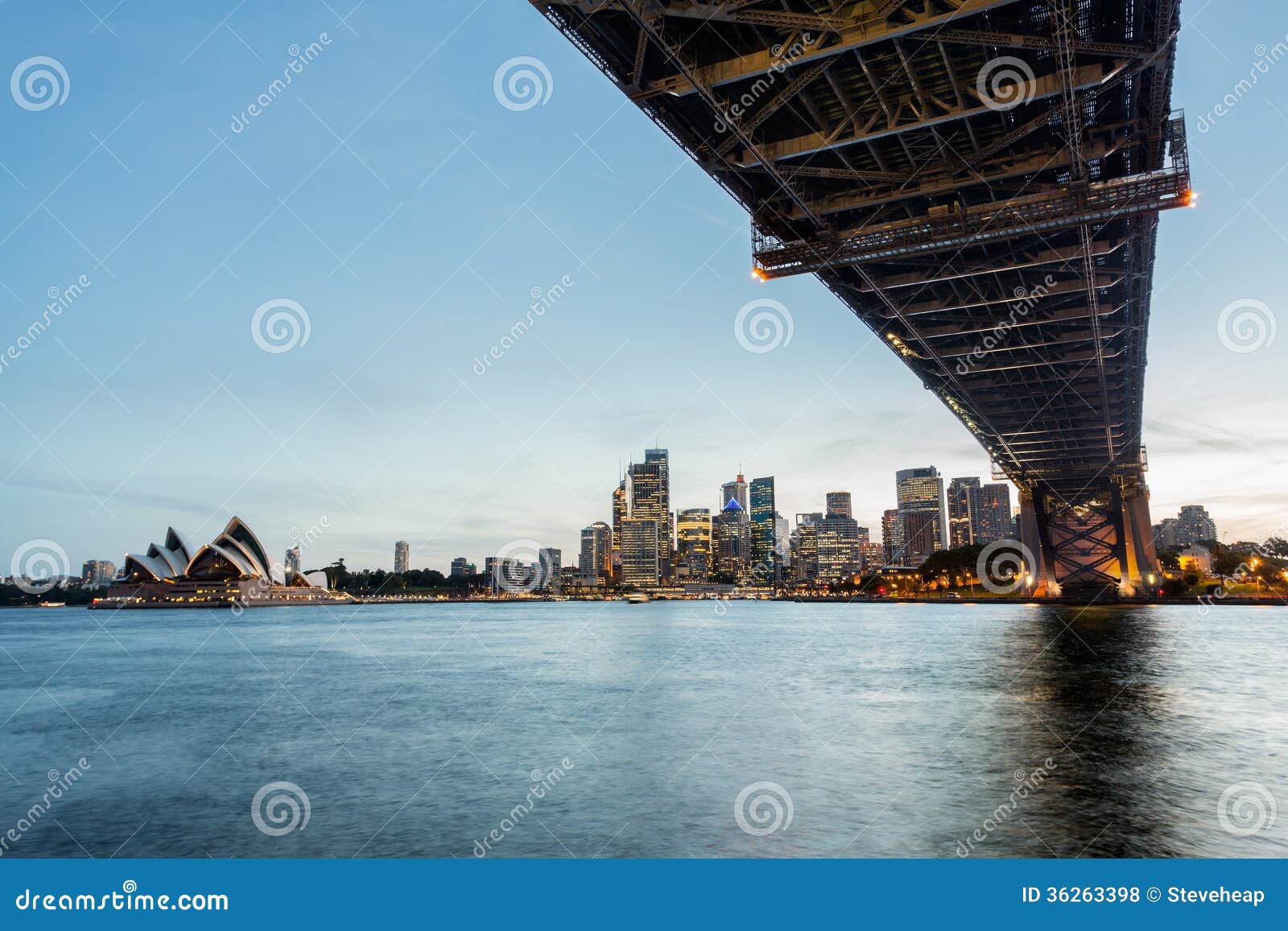 Port panoramique dramatique de Sydney de photo de coucher du soleil. Image panoramique en format large dramatique de Sydney au pont de coucher du soleil dans le premier plan. Inclut les roches, le théatre de traversier et de l'opéra, et une vue d'ensemble de CBD et l'eau dans le port