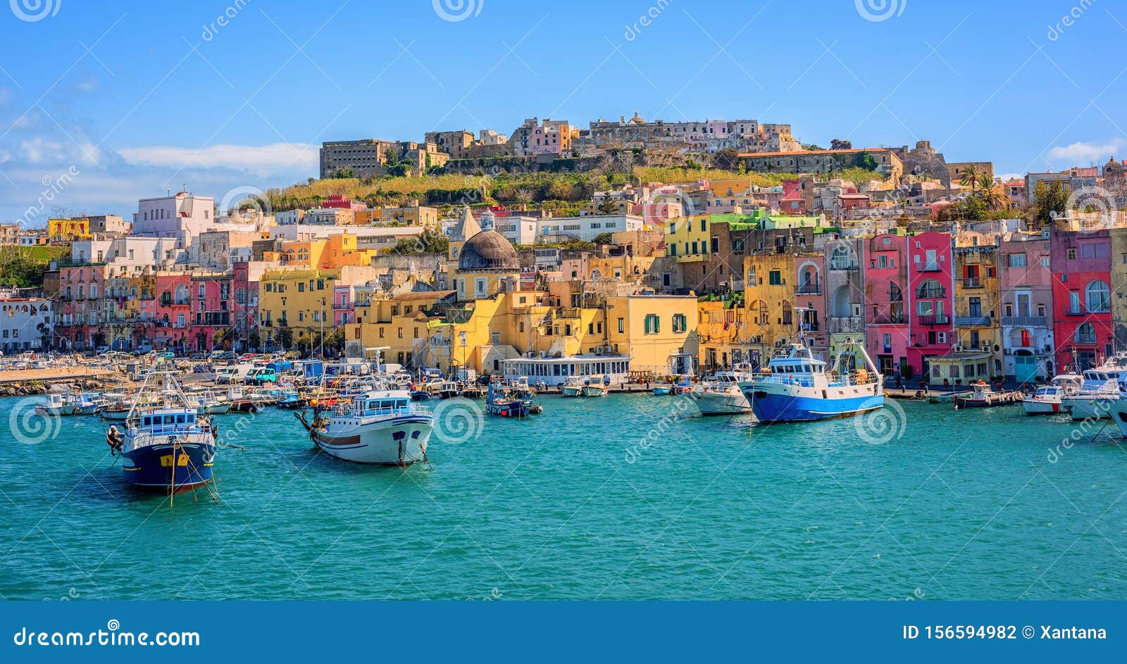 port of procida island in gulf of naples, italy