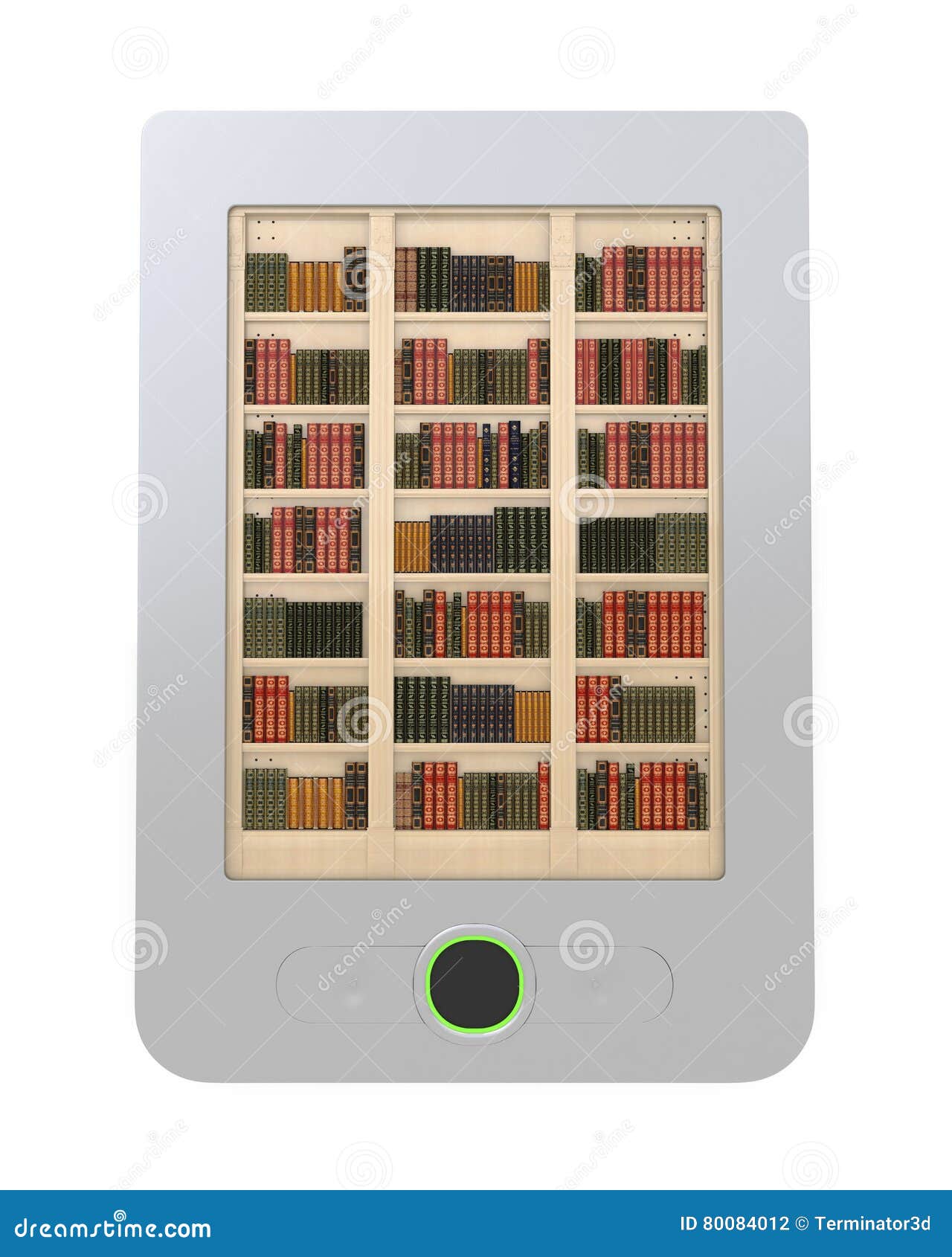 Portable E Book Reader With Bookshelf E Book Library Concept