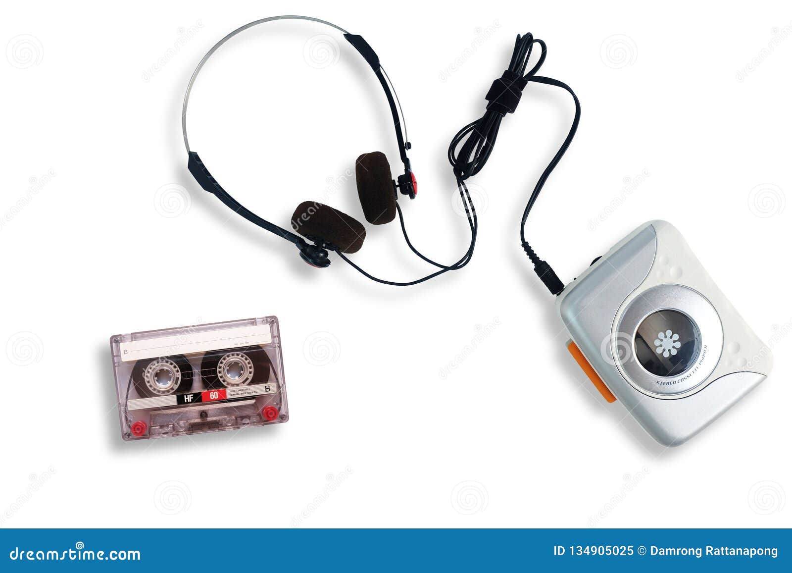 portable tape player with radio and cassette tape  on white background