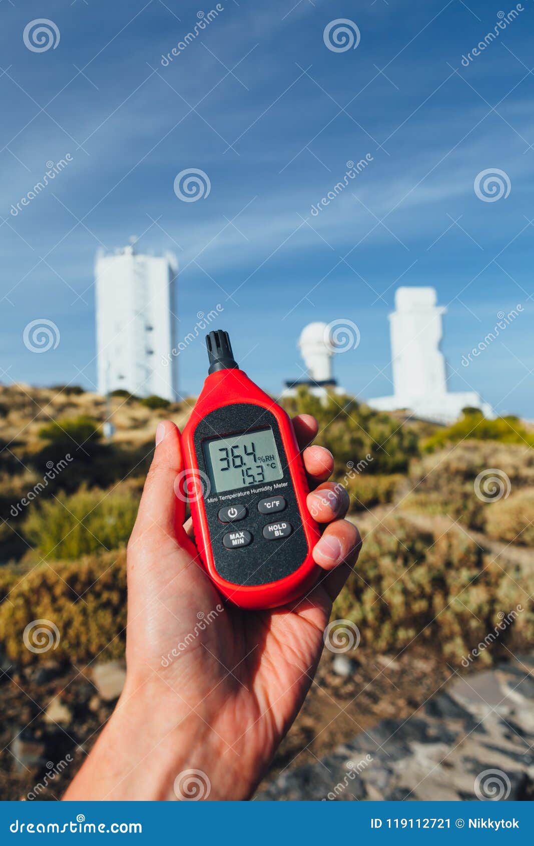 Portable Thermometer in Hand Measuring Outdoor Air Temperature and Humidity  Stock Photo - Image of instrument, meter: 113248654