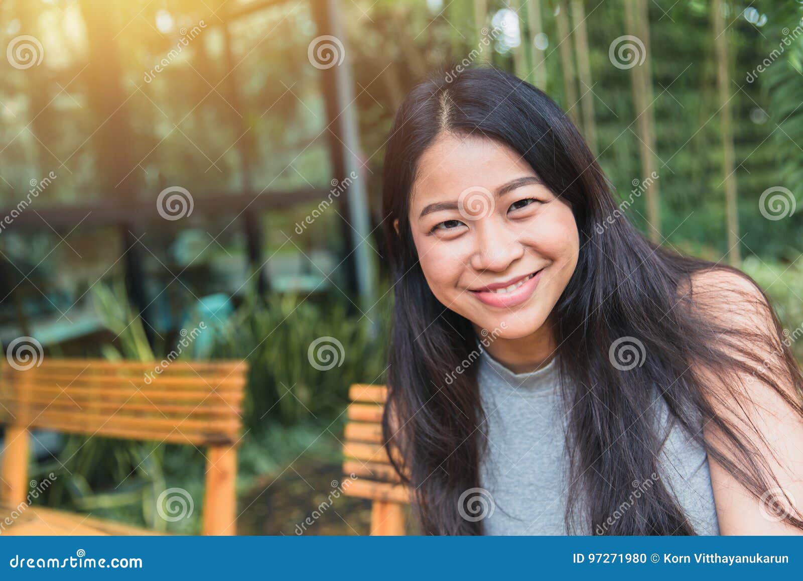 portait asian women black long hair adult happy smile