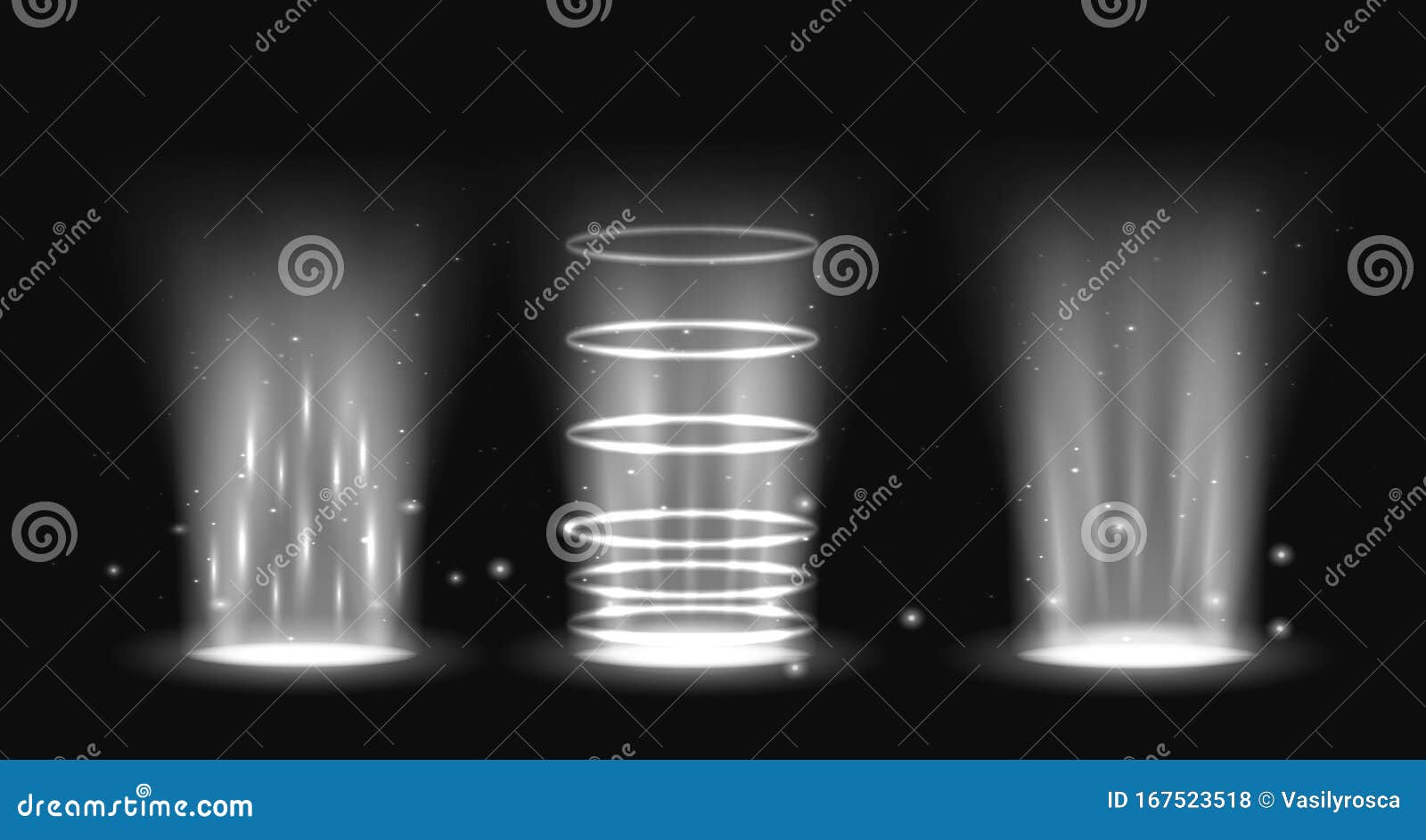 portal set light effect hologram. magic circle teleport podium. ufo swirl beam and ray energy funnel