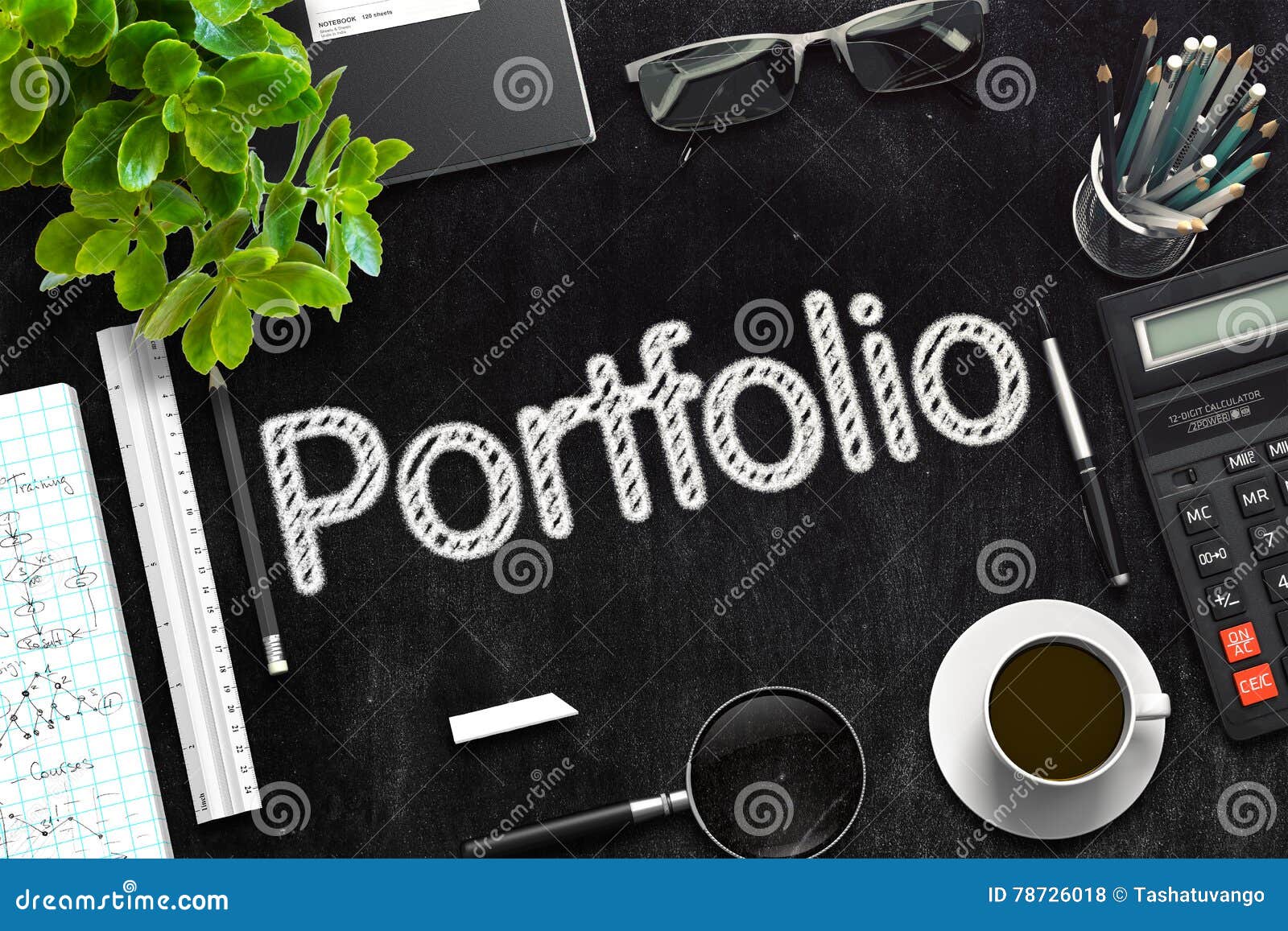 portfolio on black chalkboard. 3d rendering.