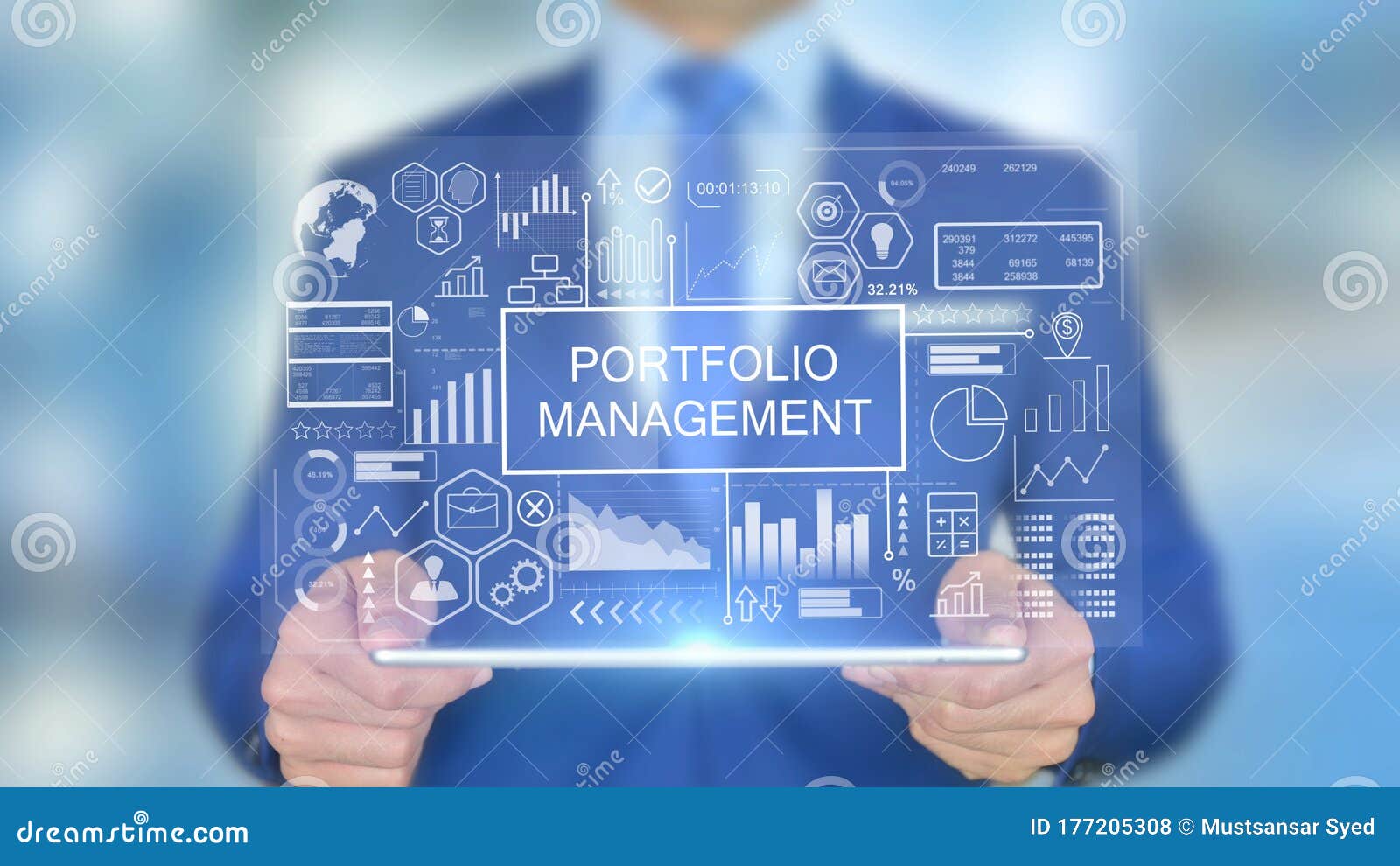 portfolio management, businessman with hologram concept