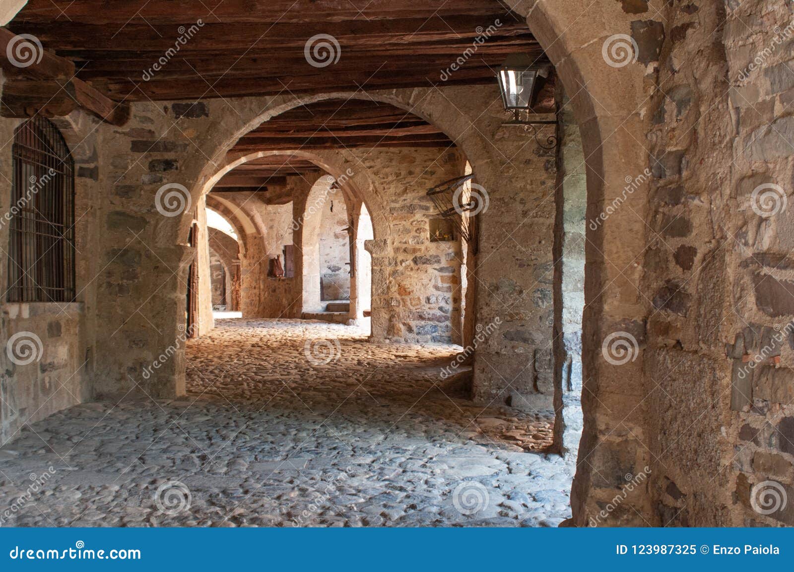 porticos along via mercatorum, cornello dei tasso, ancient medieval village, camerata cornello, lombardy, italy