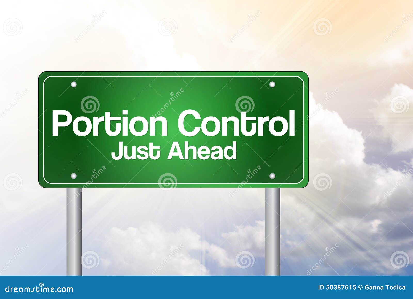 portion control just ahead green road sign