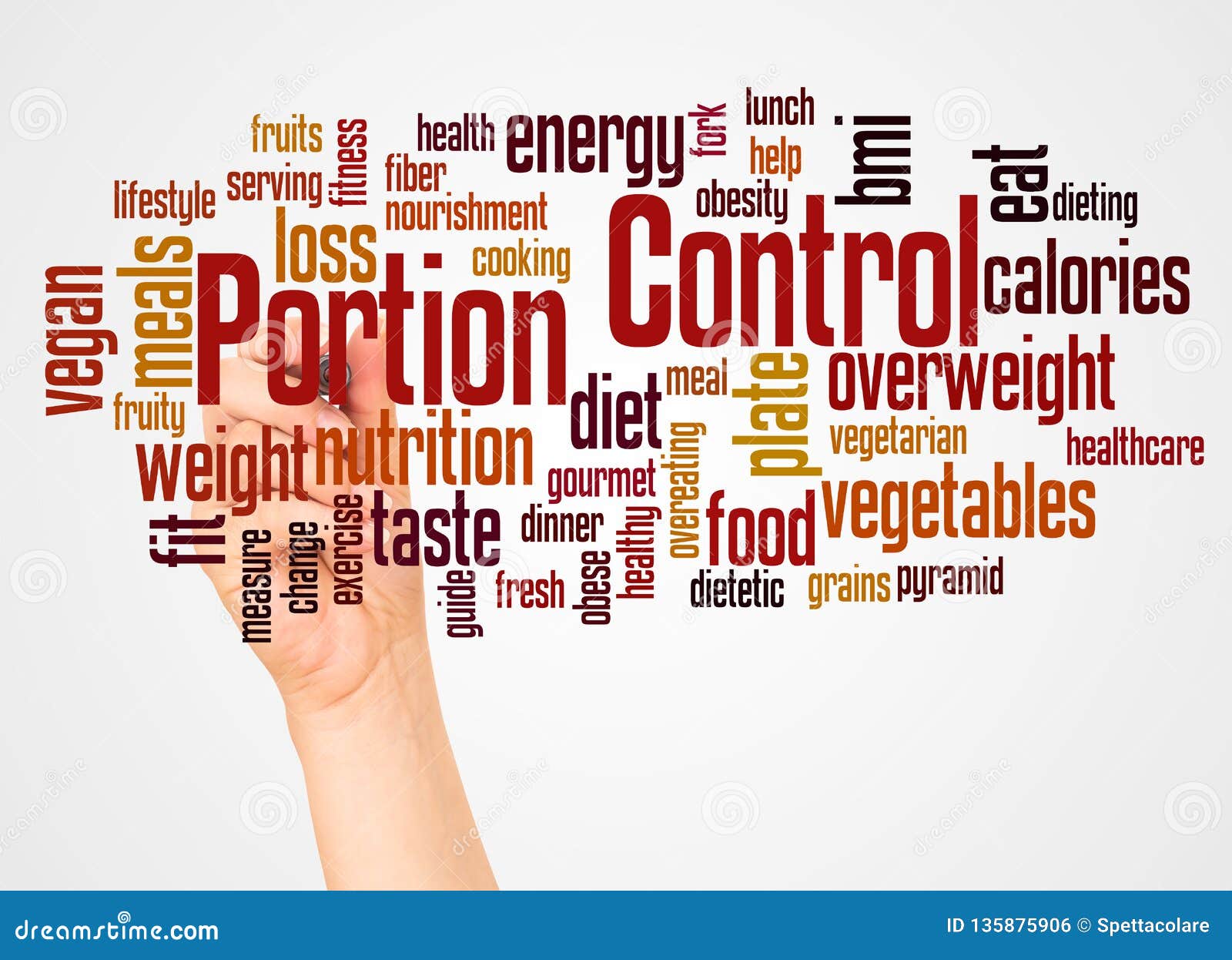 Portion Control Word Cloud and Hand with Marker Concept Stock