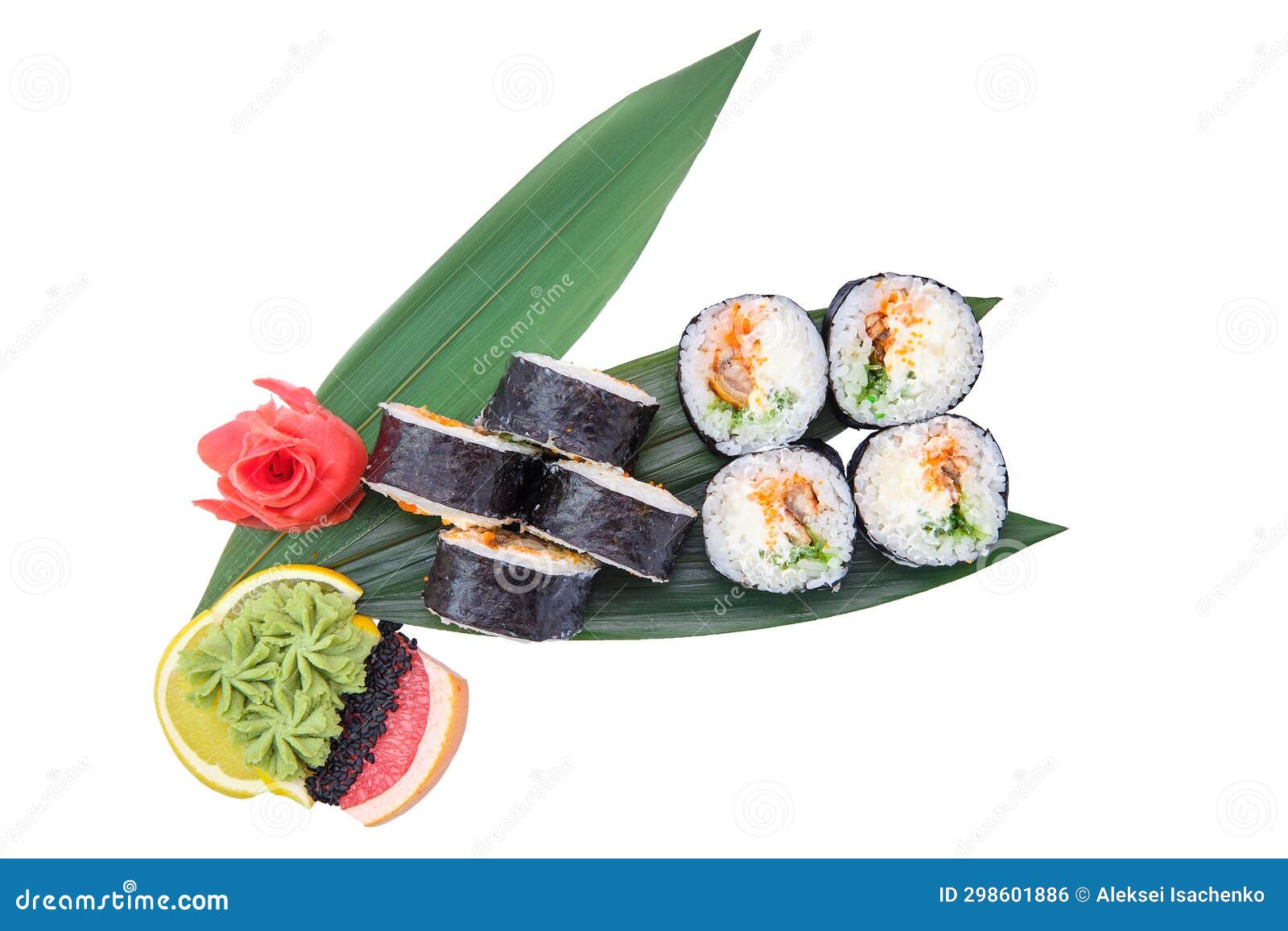 Portion of Smoked Eel Rolls with Cucumber on Bamboo Leaf Stock Photo