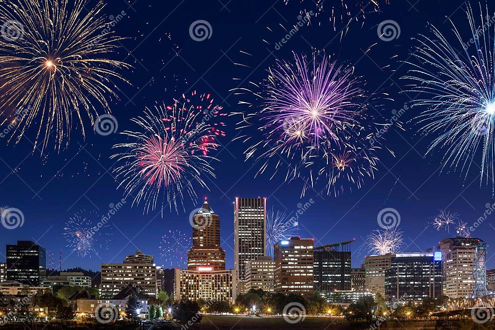 Portland Downtown Celebrating New Years Eve with Flashing Stock Photo