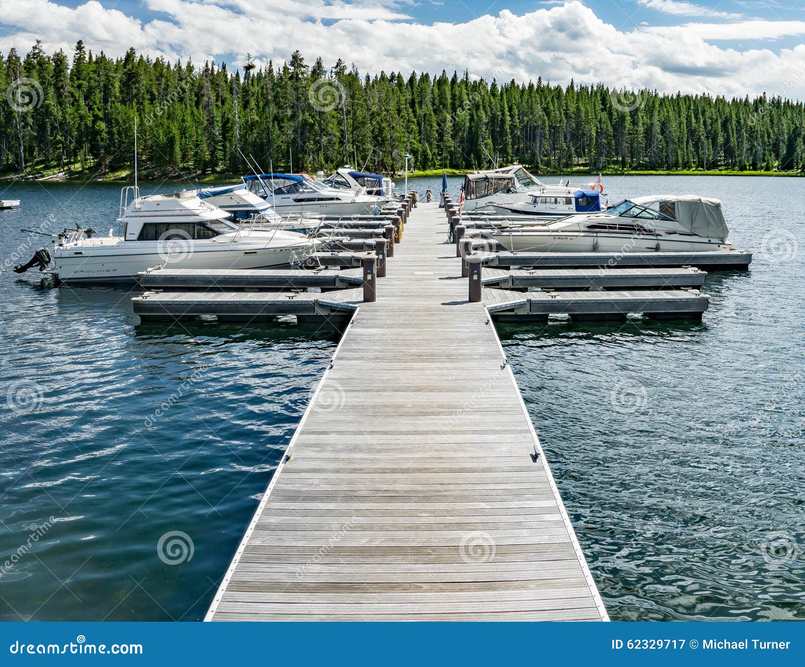 Porto da baía da ponte. Parque nacional de Yellowstone, Wyoming, EUA 14 de julho de 2015: Os barcos múltiplos são amarrados no porto e barqueiros da espera para navegar ao lago Yellowstone em Wyoming