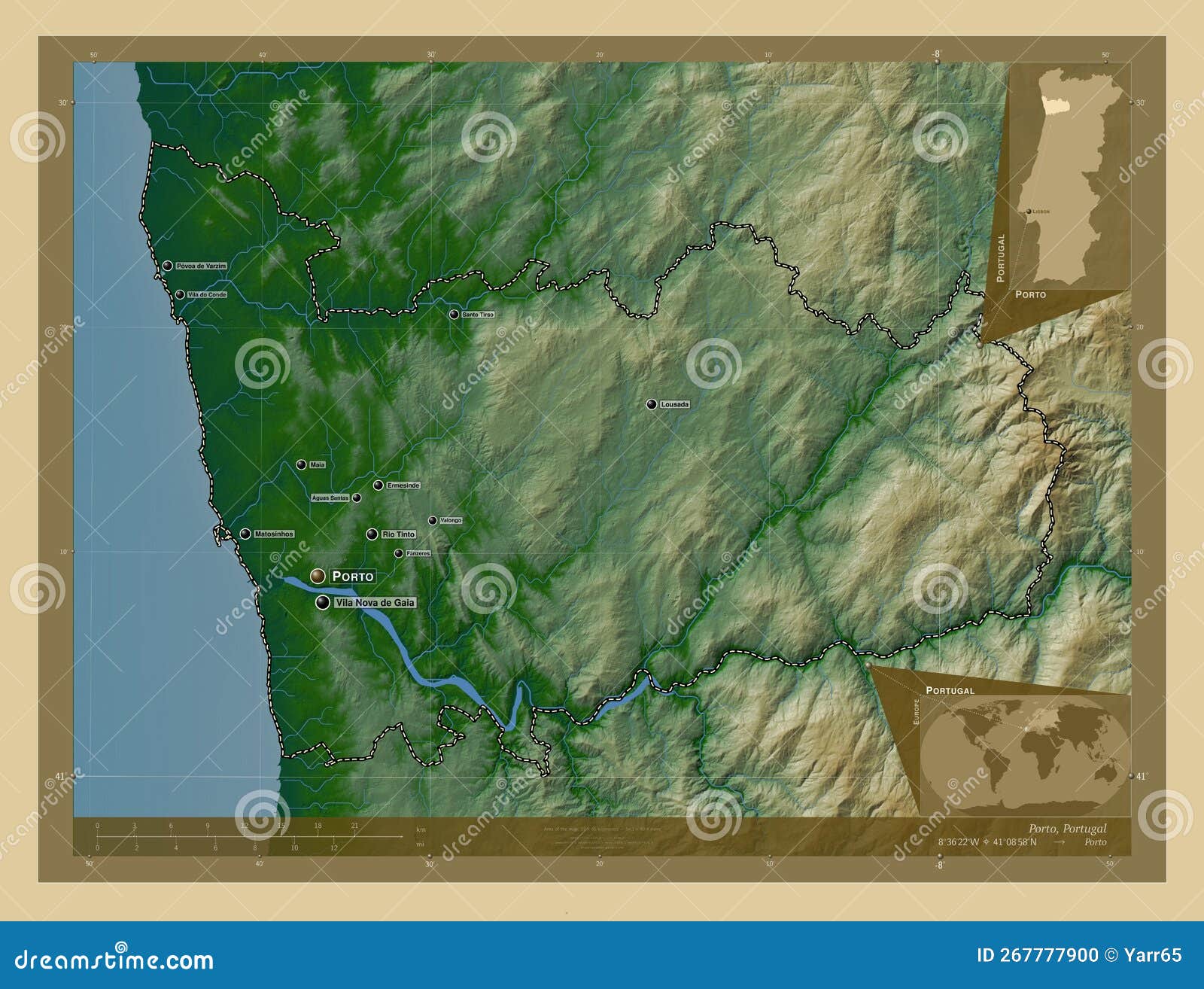 Detailed elevation map of Portugal with cities, Portugal