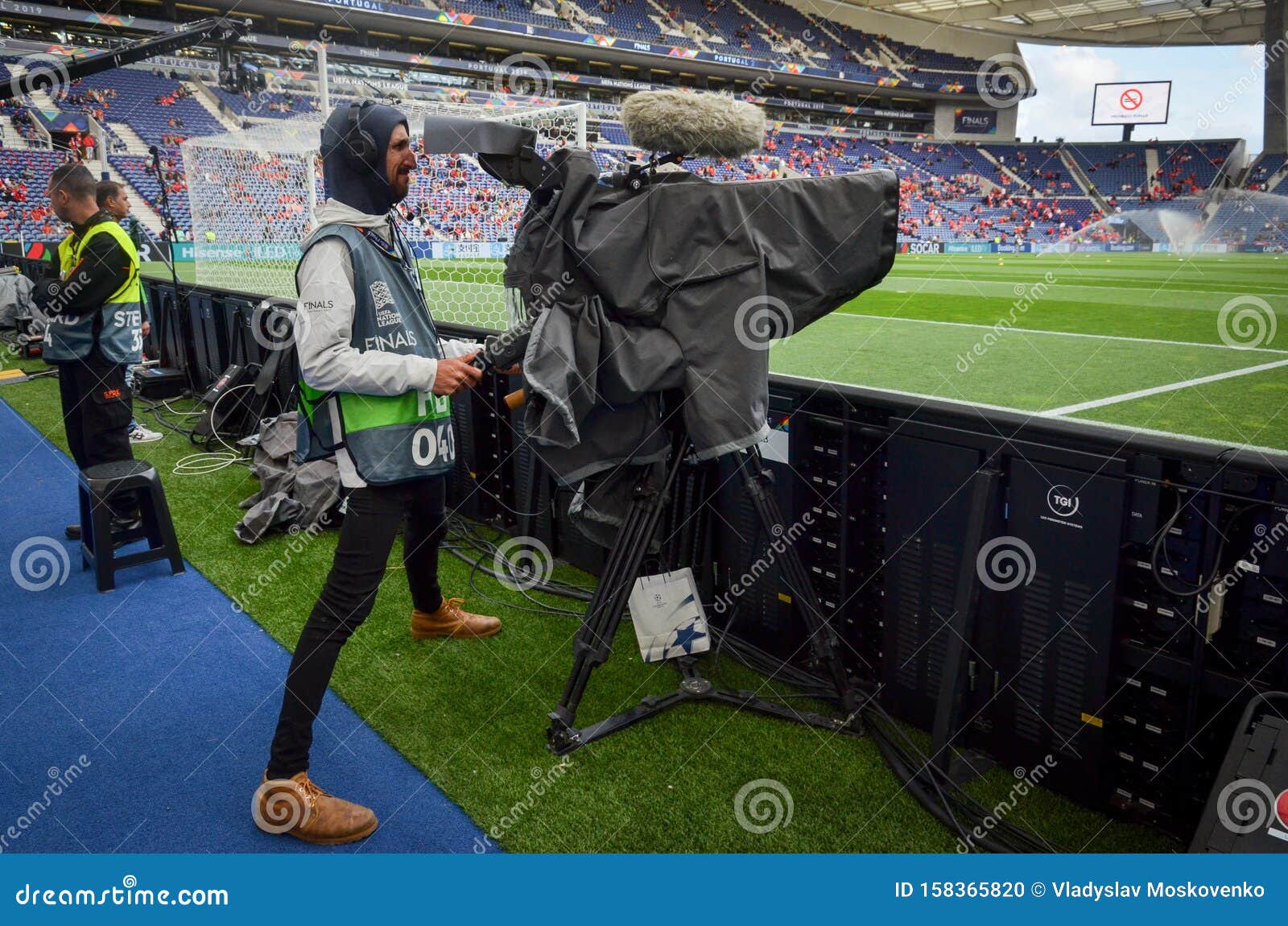 PORTO, PORTUGLAL - June 09, 2019 TV Camera Man during the UEFA Nations League Semi Finals Match between Portugal and Switzerland Editorial Image