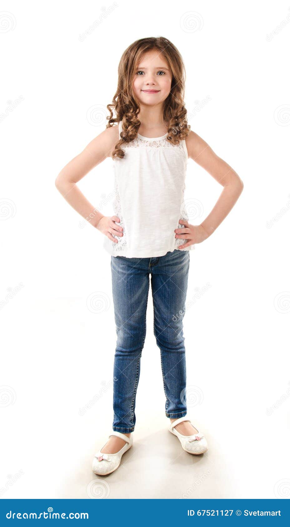 Portrait of Adorable Happy Little Girl in Jeans Stock Image - Image of ...