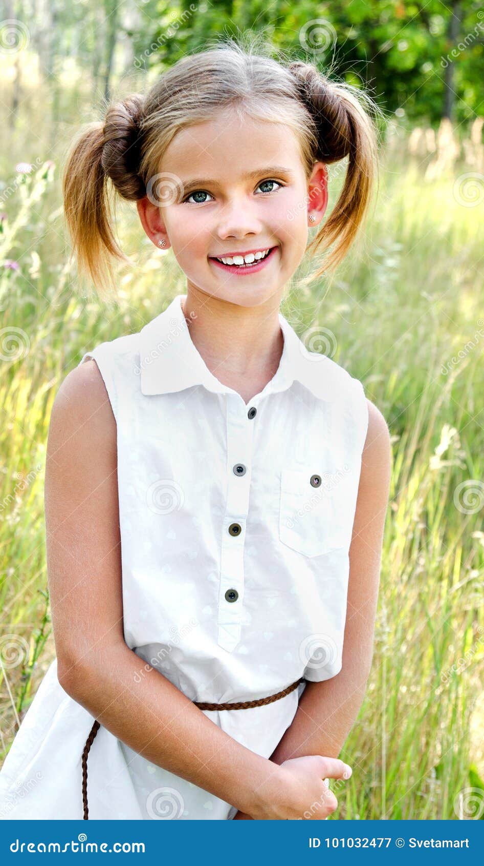 Portrait of Adorable Smiling Little Girl Child in Dress Outdoor Stock ...